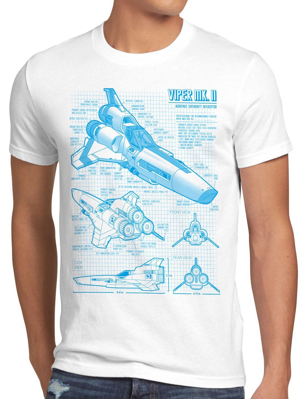 style3 Print-Shirt Herren T-Shirt Viper MK2 galactica kampfstern battlestar jäger zylon galaktika weiß