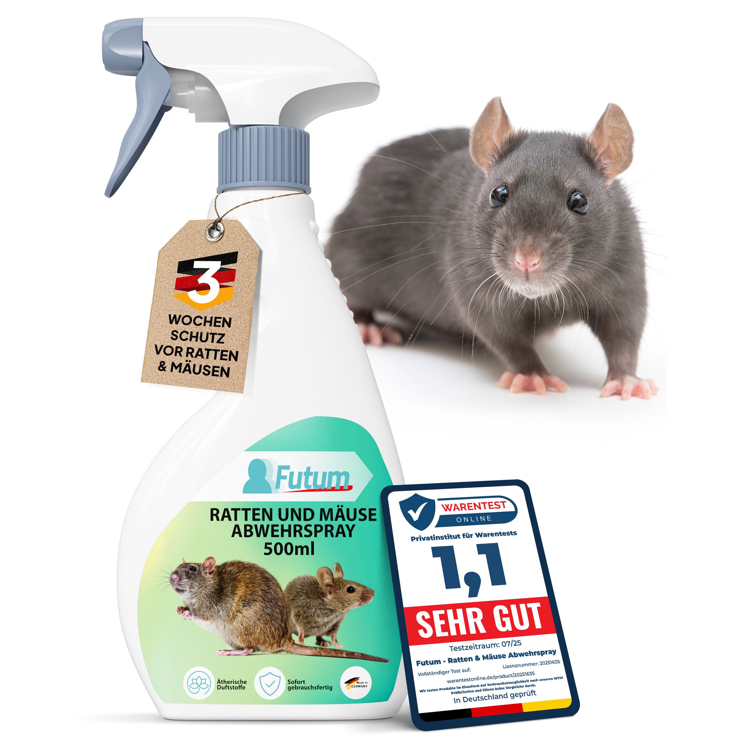 FUTUM Vergrämungsmittel Ratten & Mäuse Abwehrspray, 0,5 l, Präventiver Schutz, Vielseitig einsetzbar, Wirtschaftlich