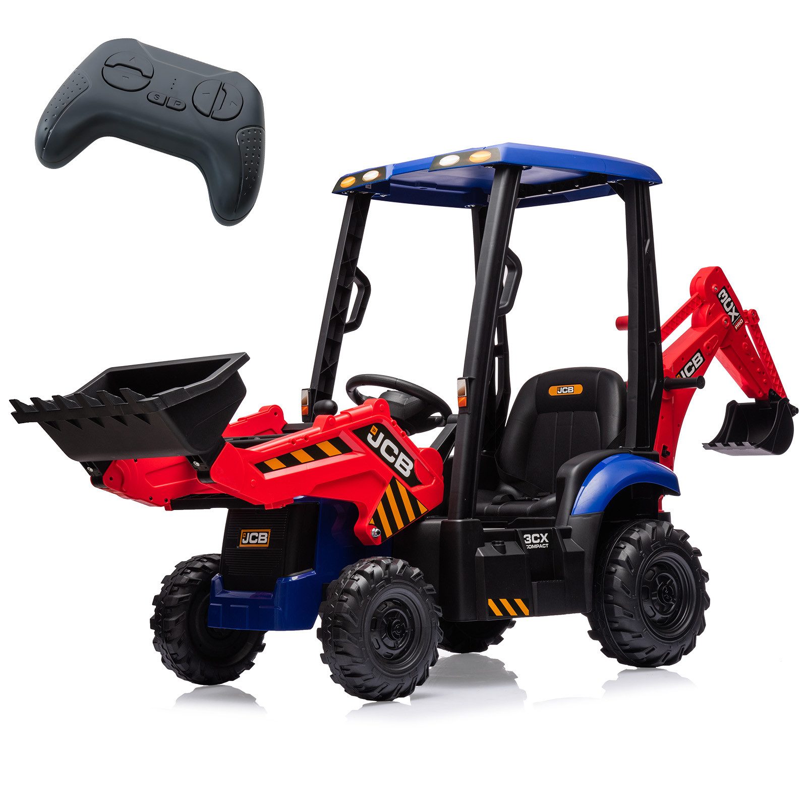 GarveeMore Elektro-Kinderauto 4-in-1 Kinder Elektrofahrzeug 12V, Elektrischer Traktor, Mit Bagger & Frontlader, Hupe, Abnehmbares Dach