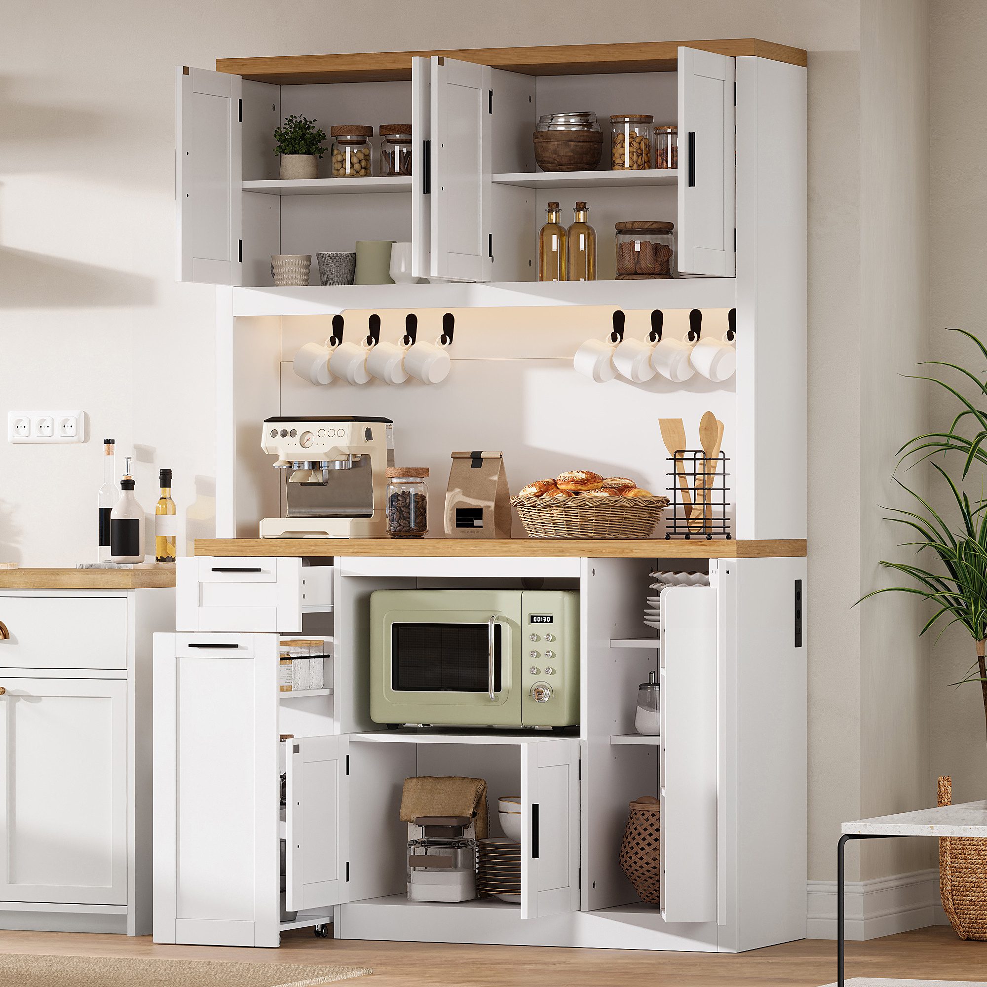 Flieks Küchenbuffet Hochschrank mit Arbeitsplatte Natur, LED-Beleuchtung, Steckdosen (120x40x182 cm, 1-St., Mehrzweckschrank mit verstellbarer Einlegeböden, Lad – Bild 3 von 5