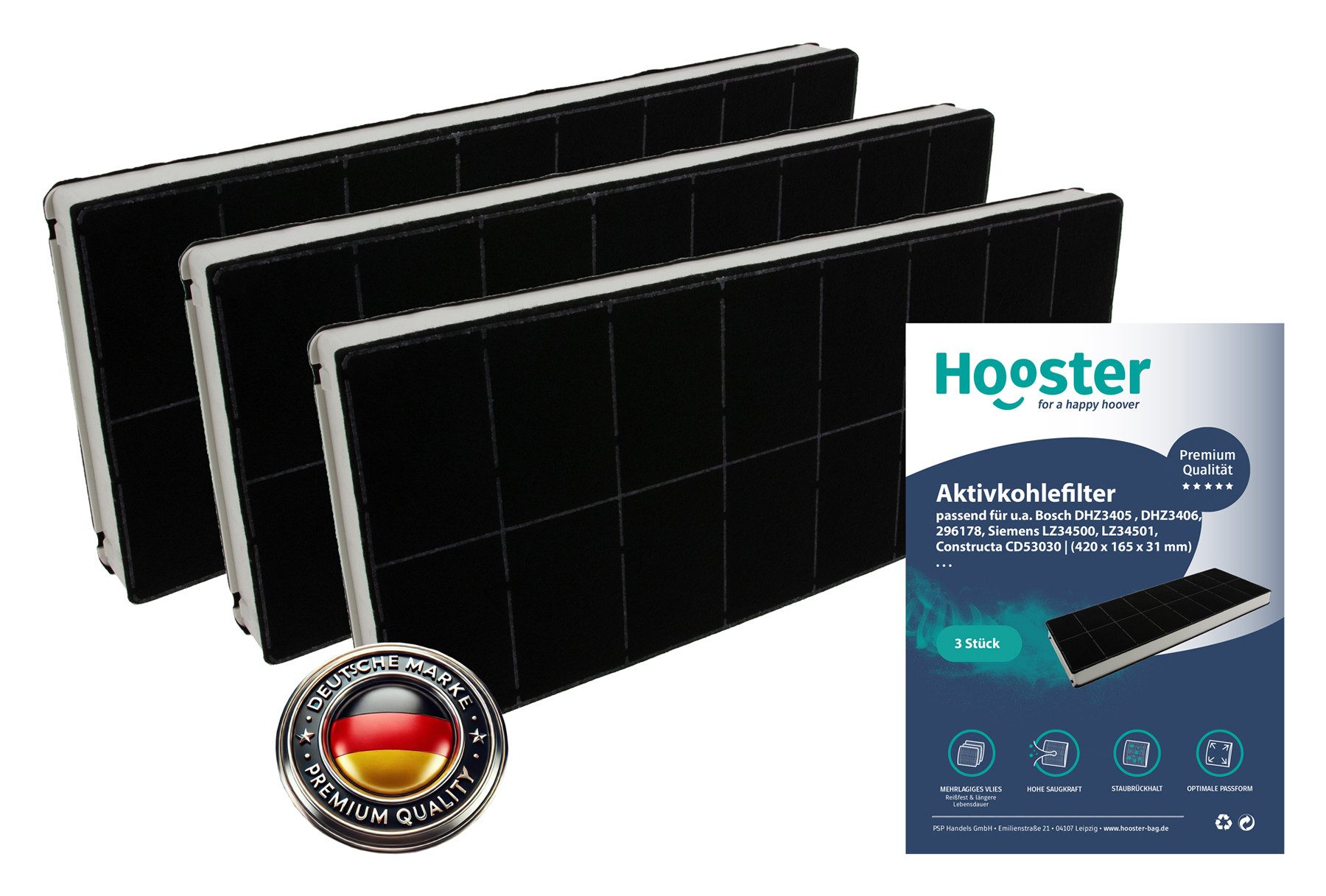 Hooster Aktivkohlefilter 3er-SET geeignet für Dunstabzugshaube u.a. Bosch DHZ3406, / DHZ3405 Siemens LZ34500 / LZ34501 Neff Z5143X0