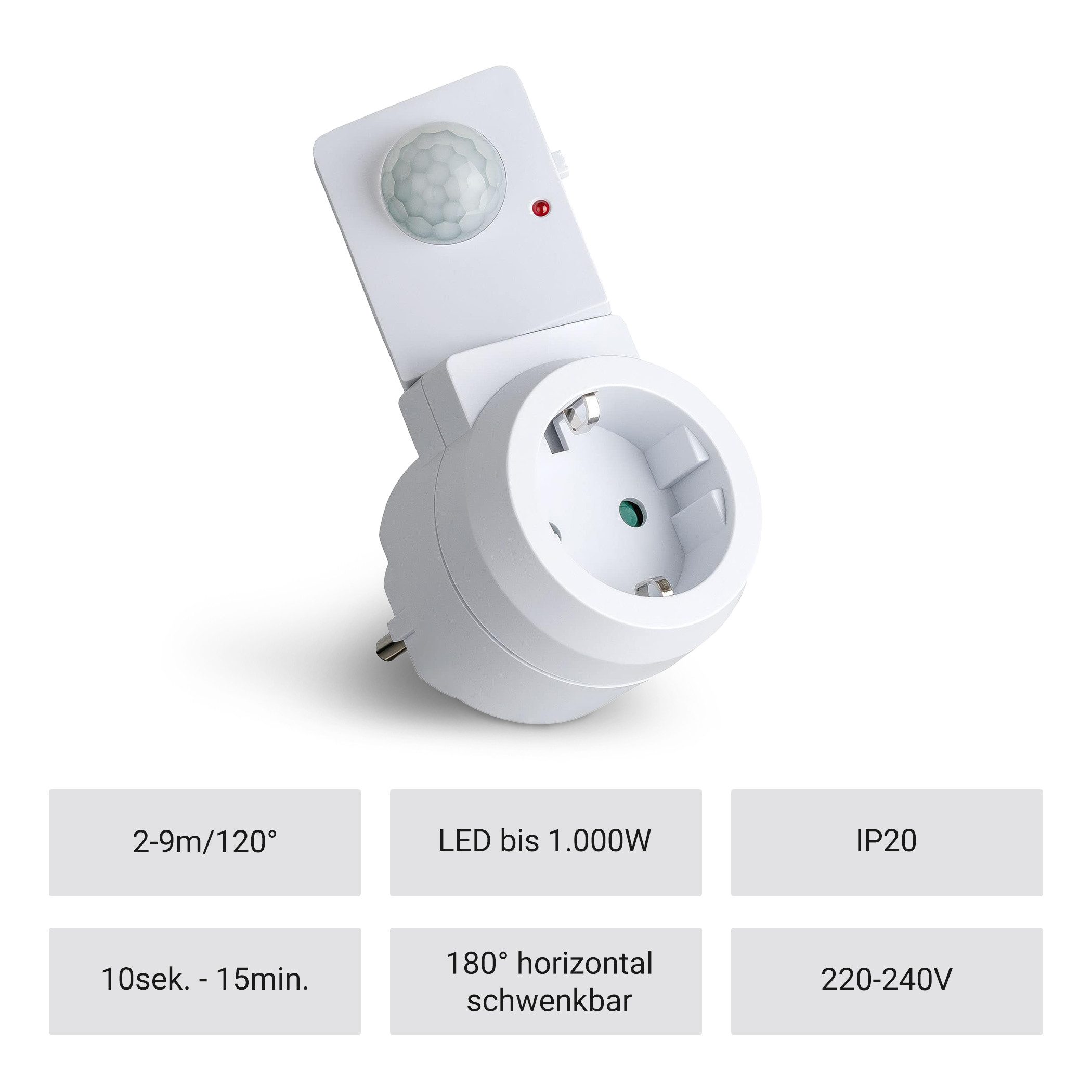 SEBSON Bewegungsmelder Zwischenstecker Bewegungsmelder - Schuko Stecker 230V programmierbar, (1-St), Schwenkbar, max. 1000W LED geeignet, Steckdosen-Adapter