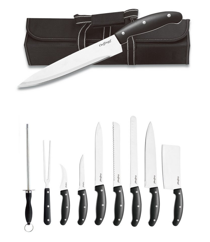 Cheffinger Messer-Set 10-teiliges Messer-Set aus Edelstahl mit Holzgriff & Tragetasche (10-tlg)