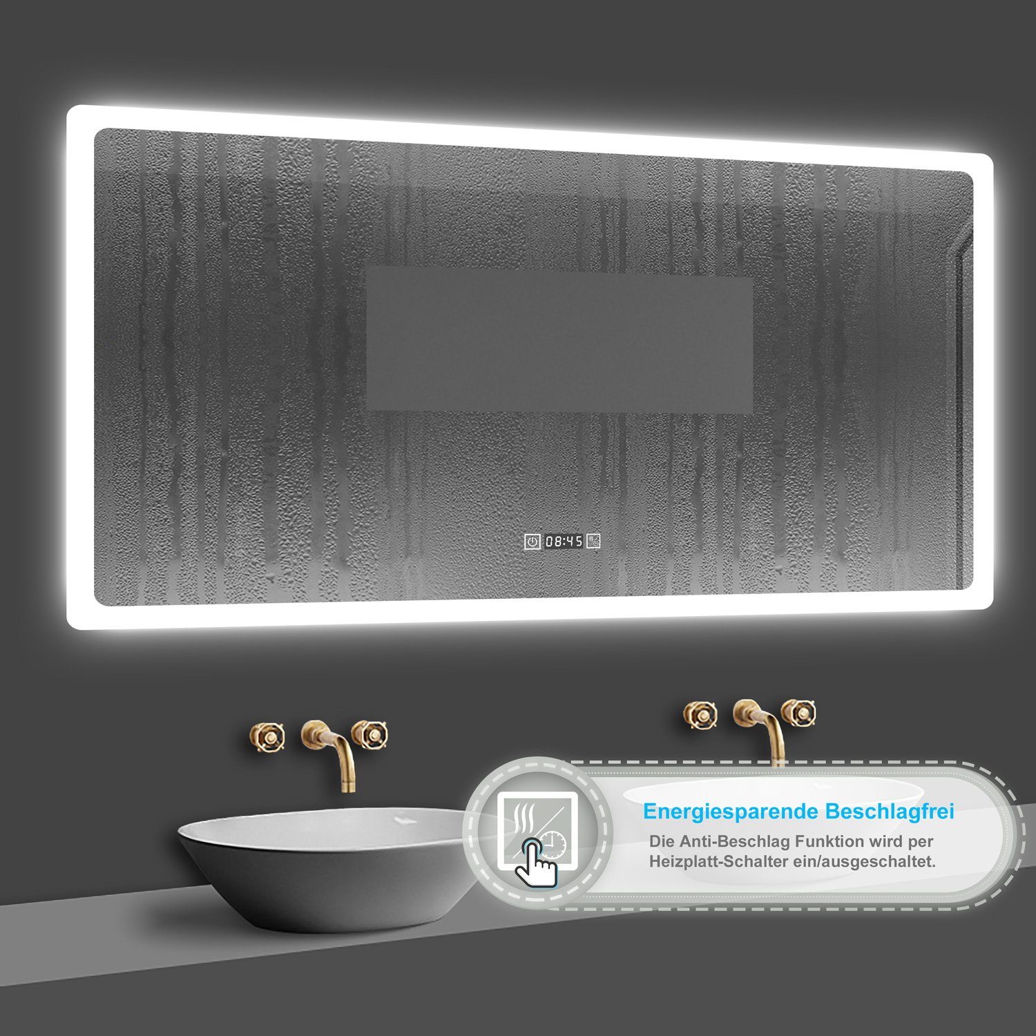 duschspa Badspiegel 50-160cm Spiegel Touch, Wandschalter, Beschlagfrei, energiesparend, Digital-Uhr, Drei Lichtfarbe, Dimmbar, Memory