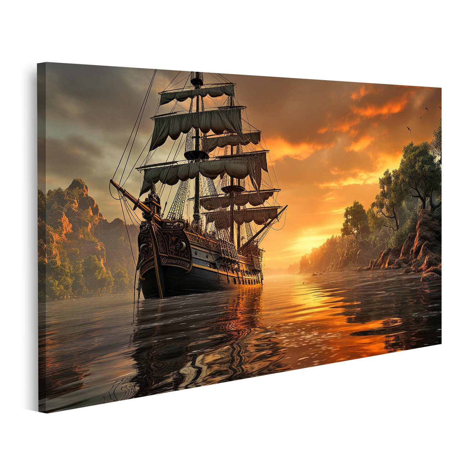 islandburner Leinwandbild, Segelschiff bei Sonnenuntergang in der Bucht günstig online kaufen