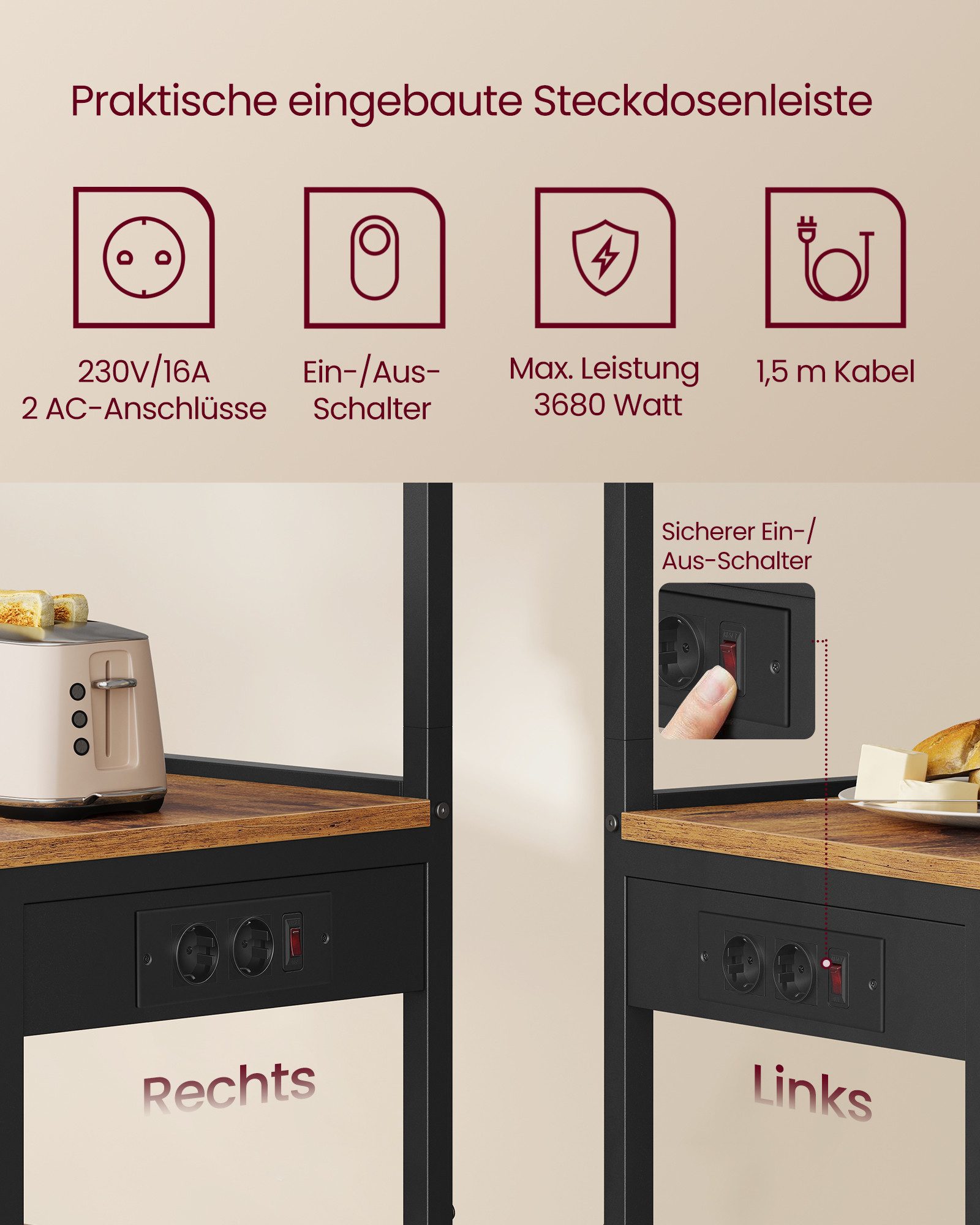 VASAGLE Küchenregal, Standregal mit Steckdosen, Standregal 4 Ebenen, verstellbare Ablage