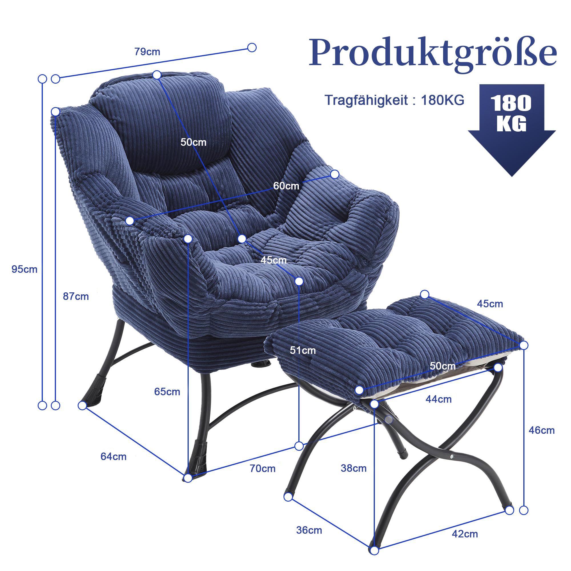 LVHOM Loungesessel Relaxsessel mit Hocker: Verbreitert/Sanftes Design,praktische Ergonomie (Gemütliche, extraweiche Polsterung, rutschfeste Schutzfüße, ergonomische Lehne, Seitentasche (Handy), Hocker als Fußbank/zusätzlicher Sitz, Stahlrahmen bis 180 kg, Sessel: 79x64x95 cm, Hocker: 50x45x46 cm), Ideal für Wohnzimmer, Schlafzimmer & Spielzimmer