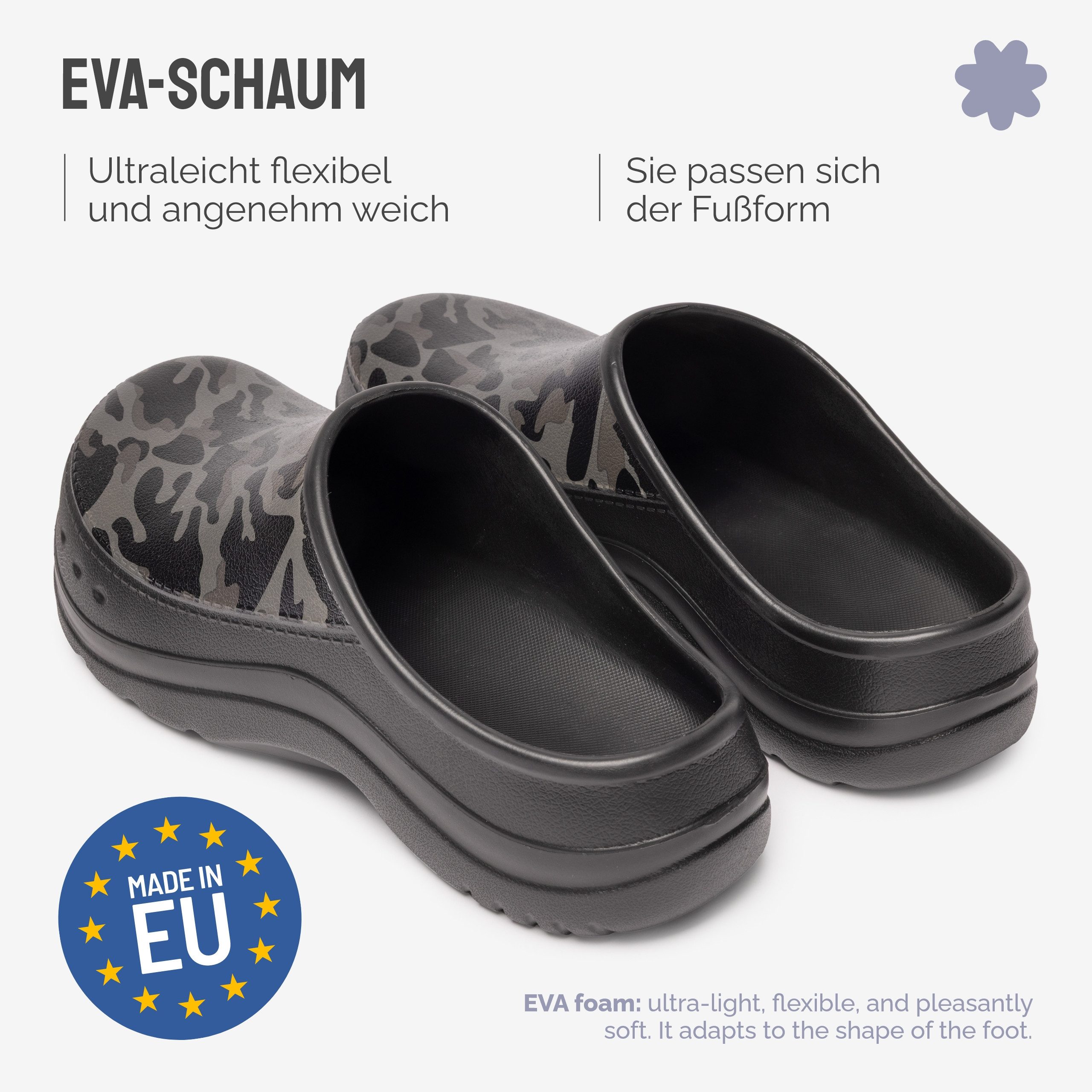 Ladeheid Gartenclogs für Herren Ultraleicht EVA Gartenschuhe LA-CA-26 Clog (40 EU, Schwarz/Grau Tarnmuster) Wasserdicht & Flexibel – Bild 2 von 5