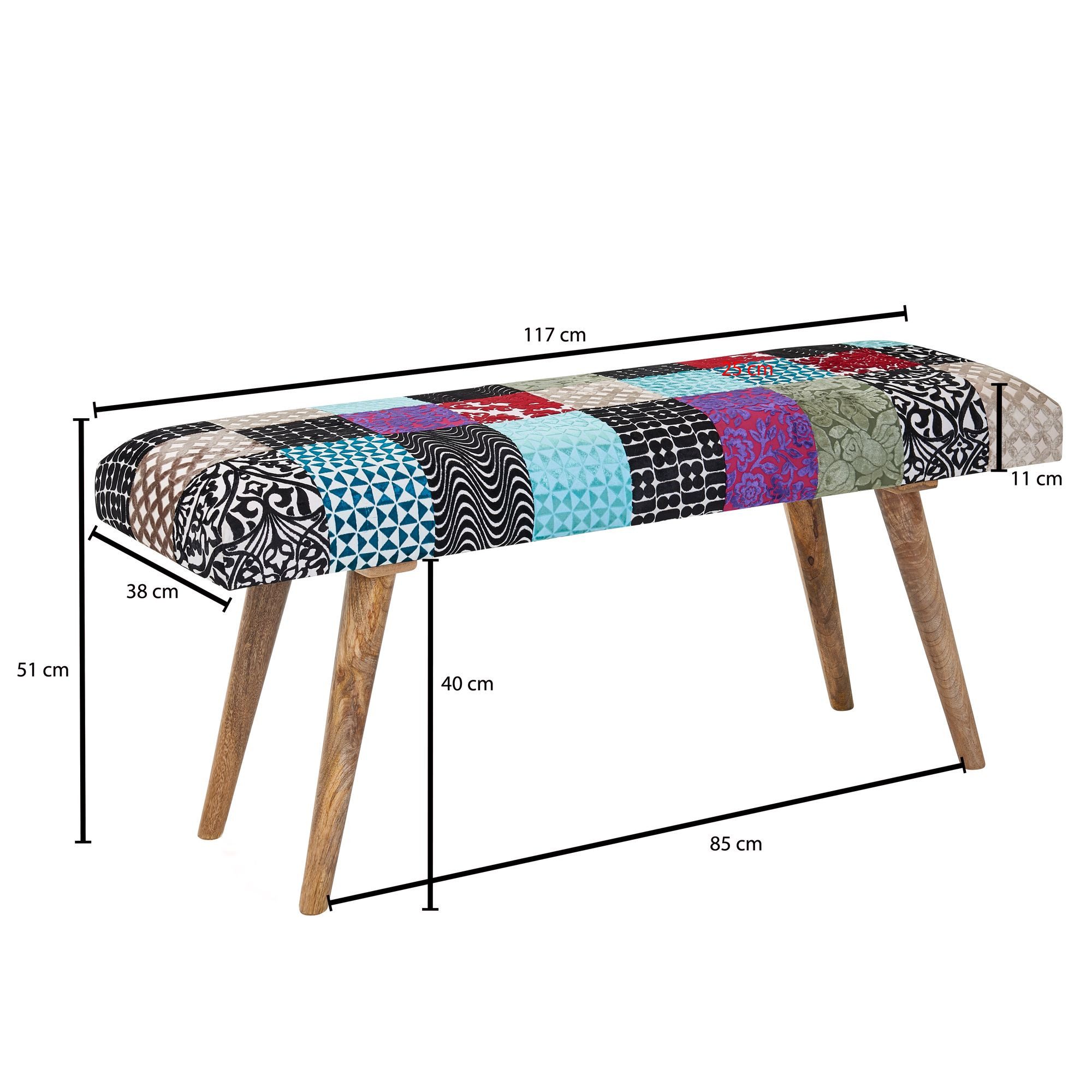 FINEBUY Polsterbank FB71800 Sitzbank Bettbank Samt 117 cm Patchwork Flurbank Bank (Stoff / Massivholz Bank 117x51x38 cm Retro), Bettbank Patchwork, Stoffbank Flurbank ohne Lehne