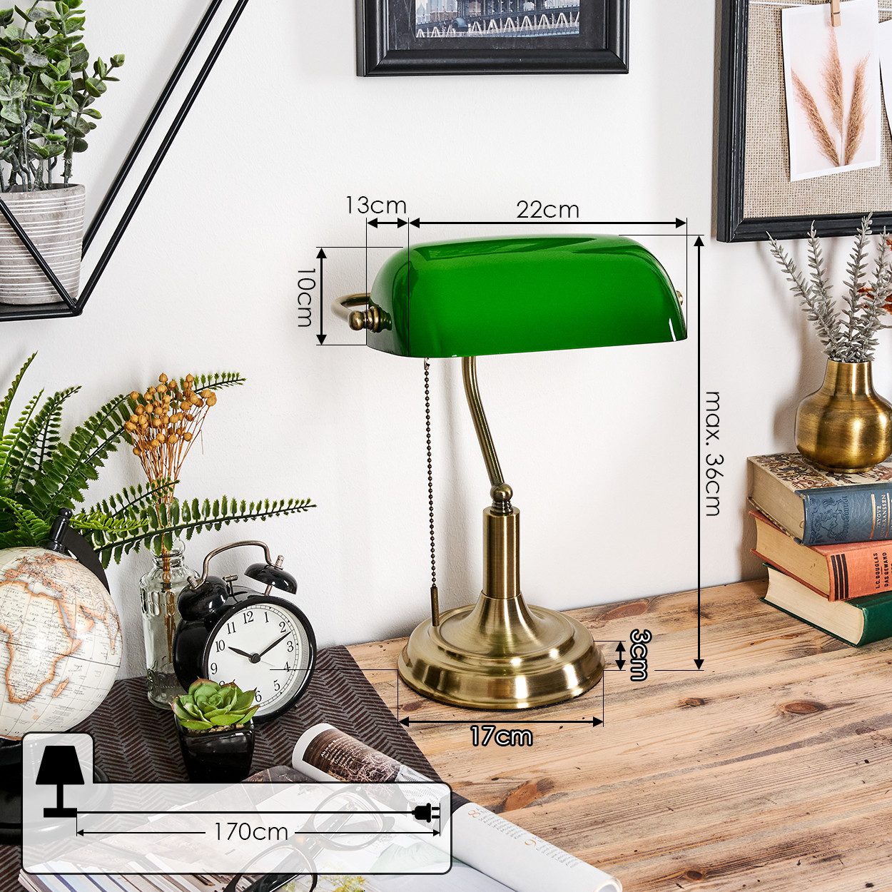 hofstein Tischleuchte Tischlampe aus Metall/Glas in Altmessing/Grün/Weiß, Schreibtischlampe, ohne Leuchtmittel, traditionelle Bankerlampe für Büros im Vintage-Design, Zugnschnur, E27