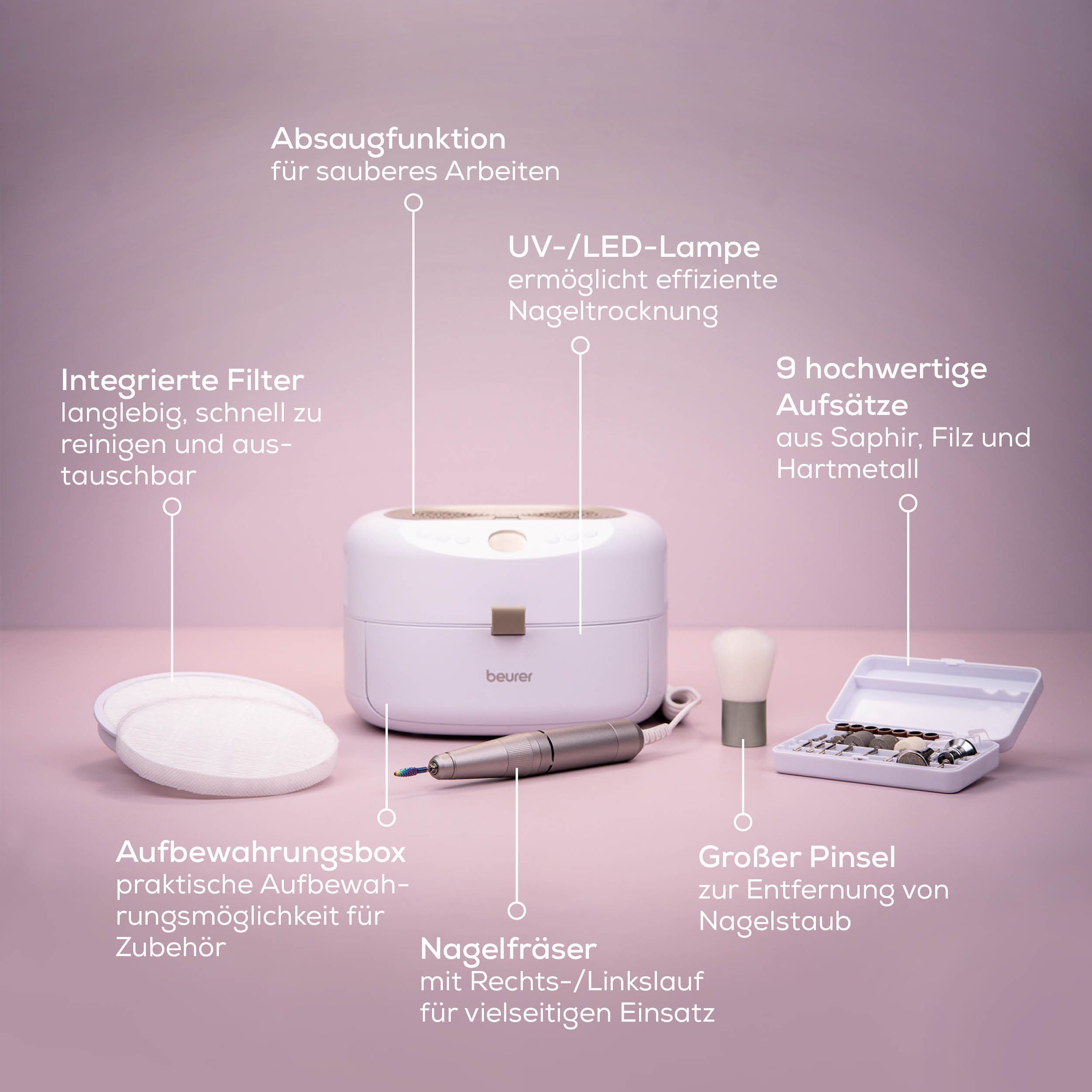 BEURER Maniküre-Pediküre-Set MP 200, professionelle Maniküre-Pediküre-Station für zu Hause, Mit Fräser, UV/LED-Lampe & Absaugung für Gel, Acryl
