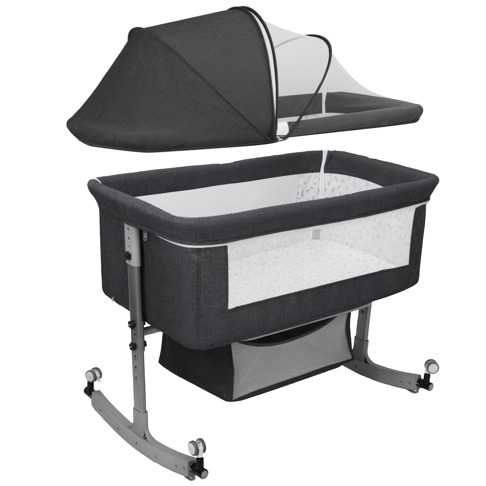 Rutaqian Beistellbett 3 in 1 Babybett & Babywiege & Reisebett,Stubenwagen, Bis 10KG, mit Rollen Kinderbett,Matratze,Moskitonetz,6-stufige Höhenverstellung