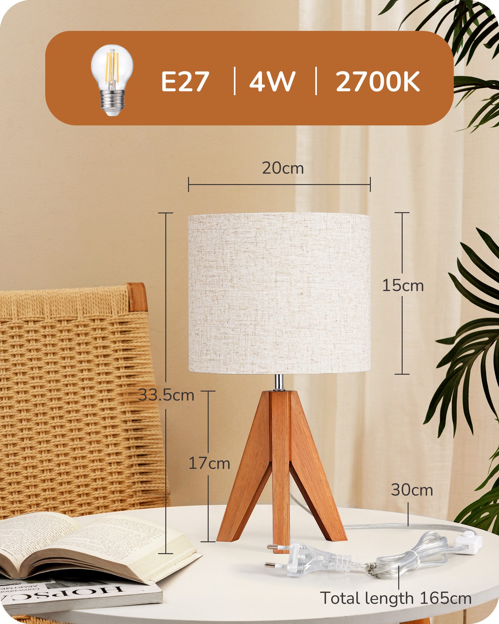 EDISHINE Nachttischlampe Vintage Tischlampe Holz mit Stoffschirm, inkl. Leuchtmittel, LED wechselbar, Warmweiß, Lampenschirm aus Leinen, für Deko, Schlafzimmer, Wohnzimmer