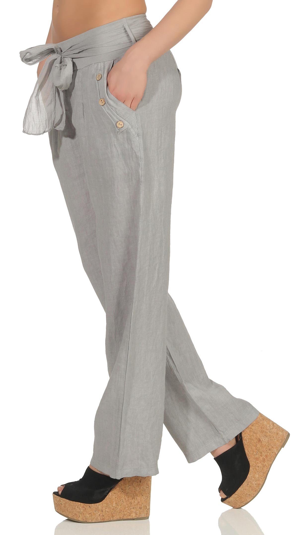 malito more than fashion Leinenhose malito Damen Hose aus Leinen, Stoffhose in Unifarben, feine Freizeit feine Leinen Hose mit Stoffbindegürtel