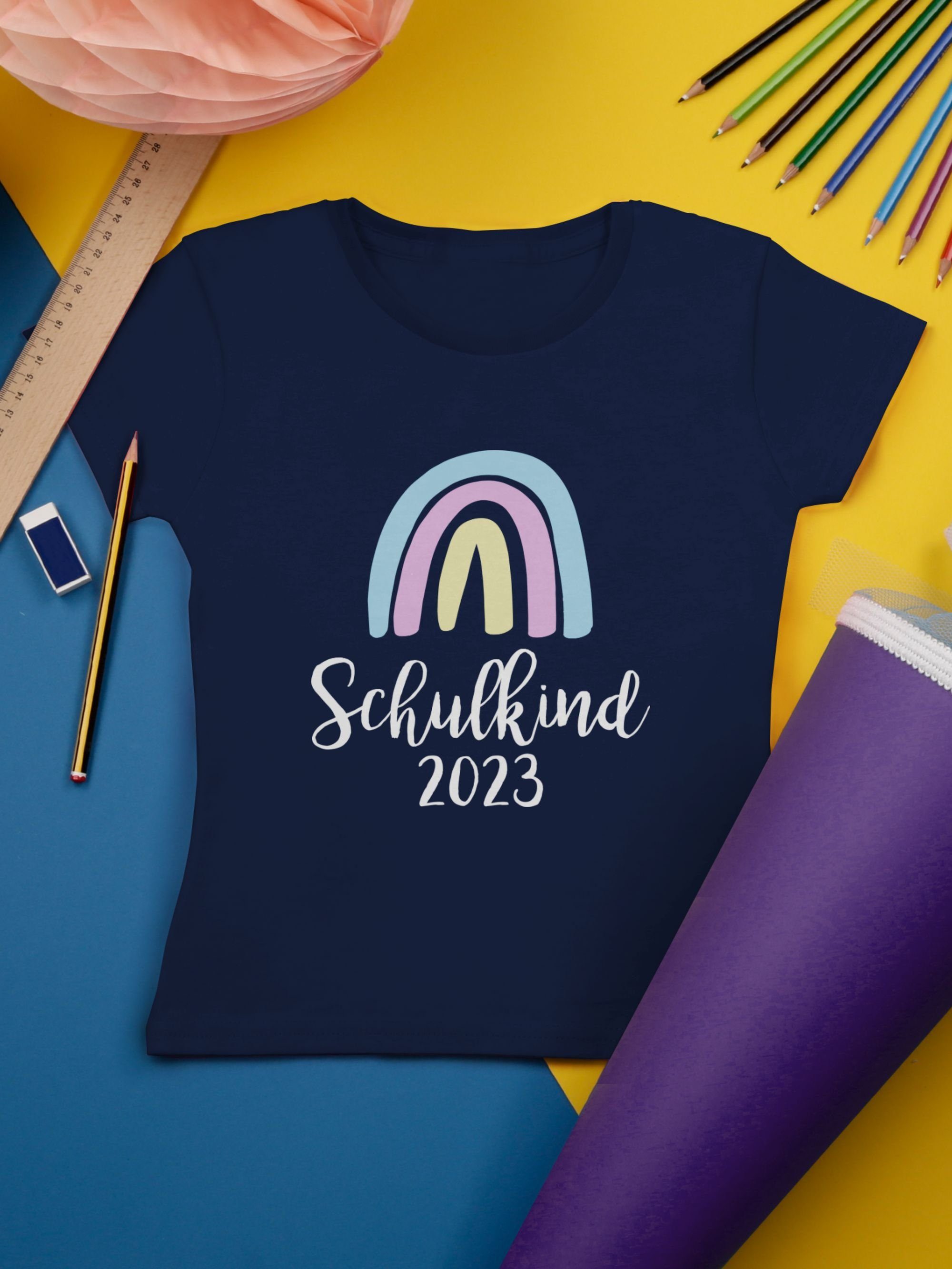2023 Navy T-Shirt / Mädchen 2 Pastell Regenbogen Shirtracer Einschulung Schulkind Weiß Blau