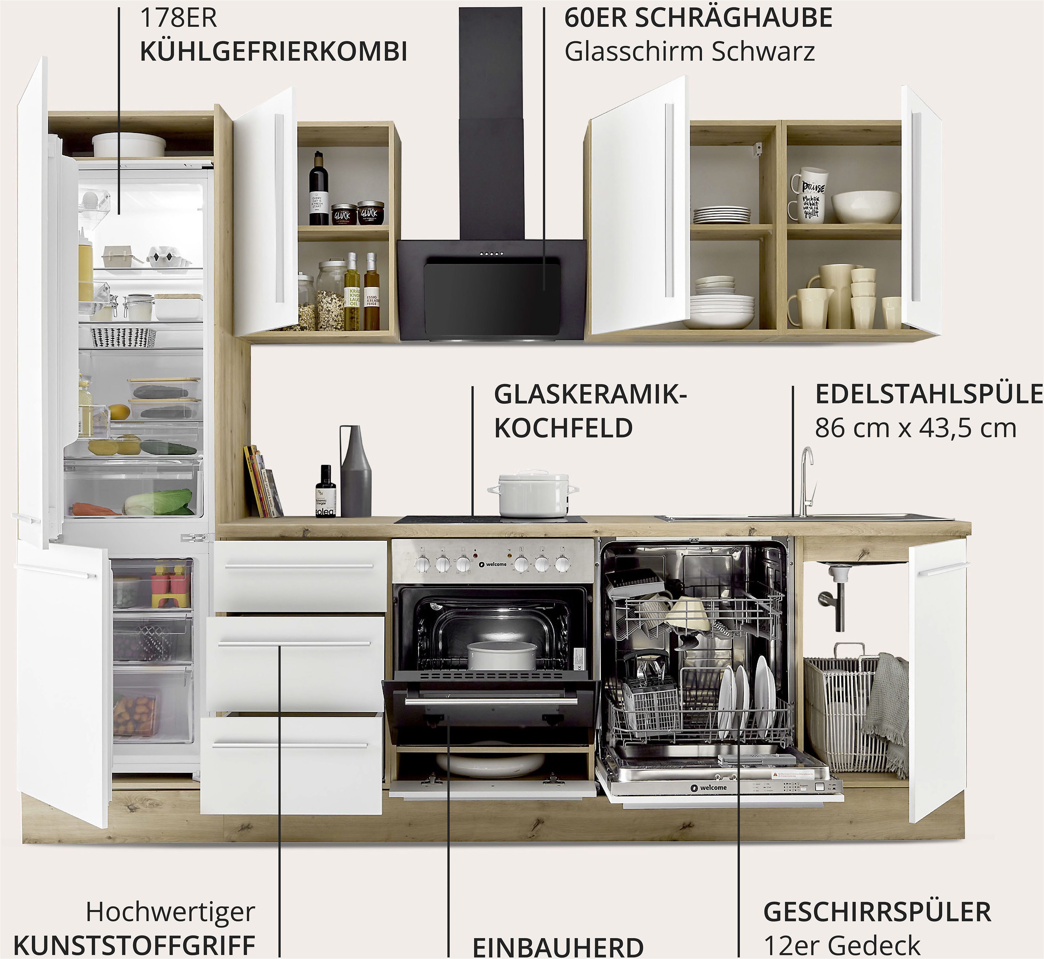 KOCHSTATION Küchenzeile KS-Florida mit 38mm starker Arbeitsplatte, Breite 280 cm, wahlweise mit E-Geräten, Soft-Close-Funktion