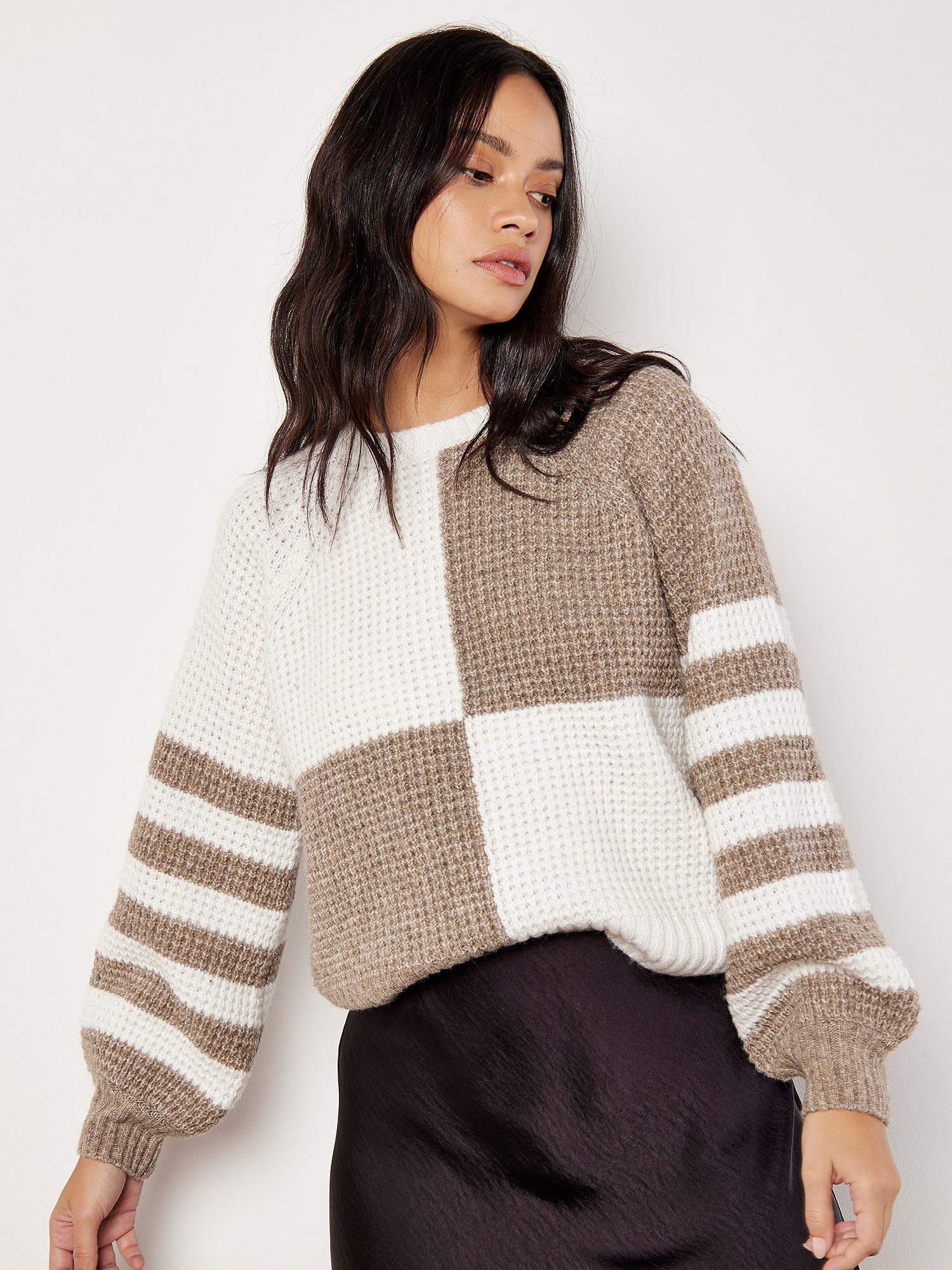 Apricot Strickpullover Kurzpullover mit Color-Block Muster