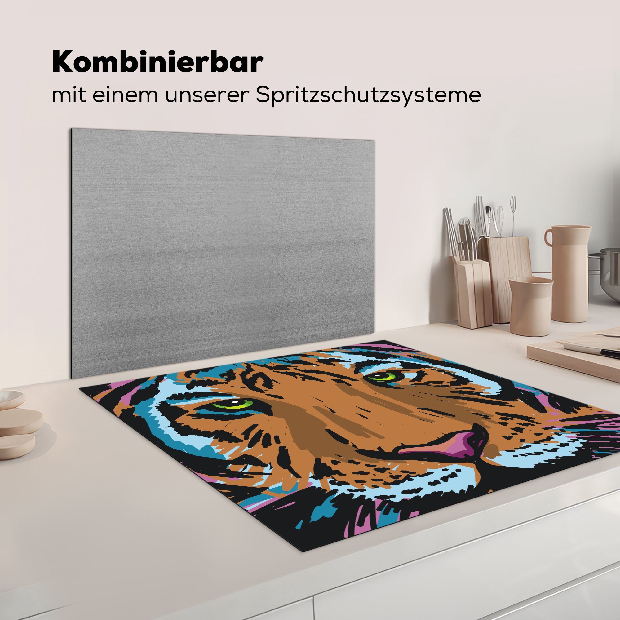 cm, Tiger Ceranfeldabdeckung, (1 - Herdblende-/Abdeckplatte Arbeitsplatte MuchoWow Vinyl, küche 78x78 Farbe für Kopf, tlg), -