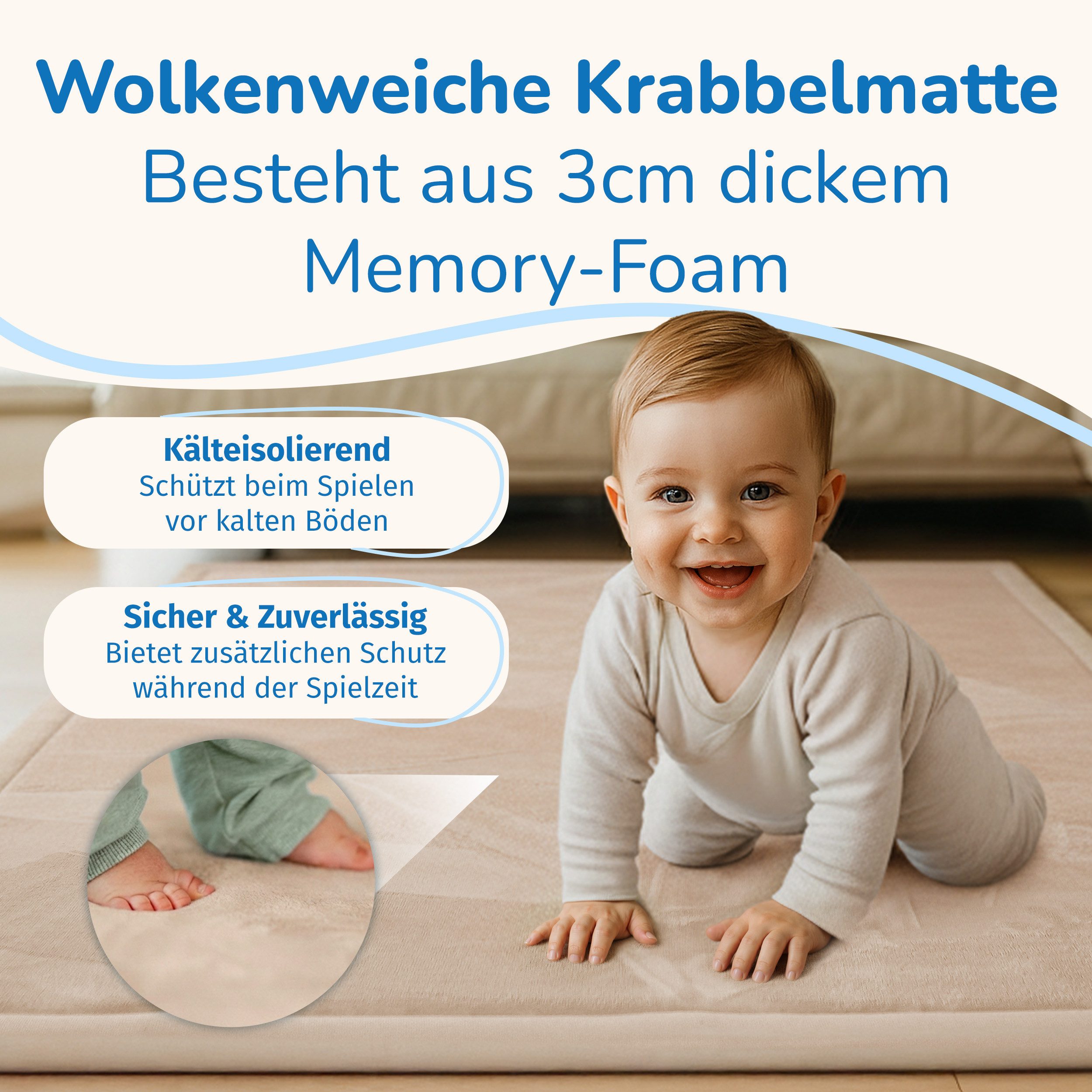 BabyBeFun Spielmatte [Extra Weich] 3cm dicke Krabbelmatte Baby, hochwertiger Memory-Schaum, Rutschfest, Deutsche Marke