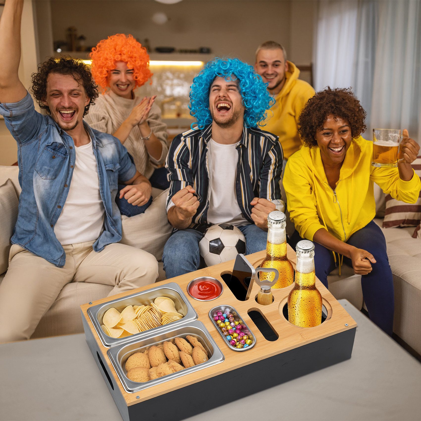 ElitVita Tabletttisch Couchbar Snackbox aus Bambus mit Edelstahlschalen, Sofatablett (1-St), mit Flaschenhalter & Korkenzieher,Snack Tablett für Couchbar,Kinoab – Bild 4 von 5