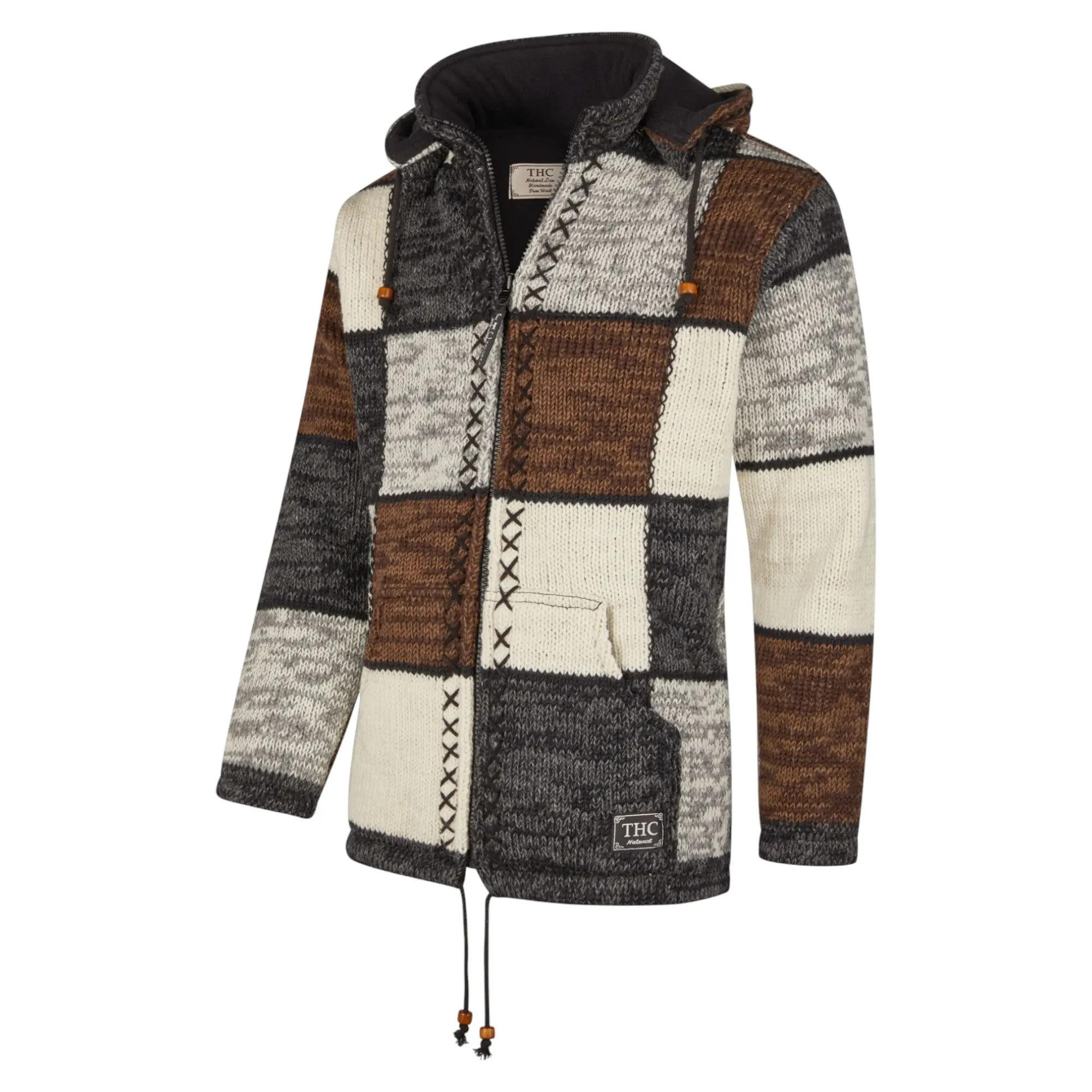 THC Natural Line Strickjacke THC Schafwollstrickjacke braune Quadrate 813 (1 Stück, 1-tlg., 1 Stück) Strickjacke mit abnehmbarer Kapuze
