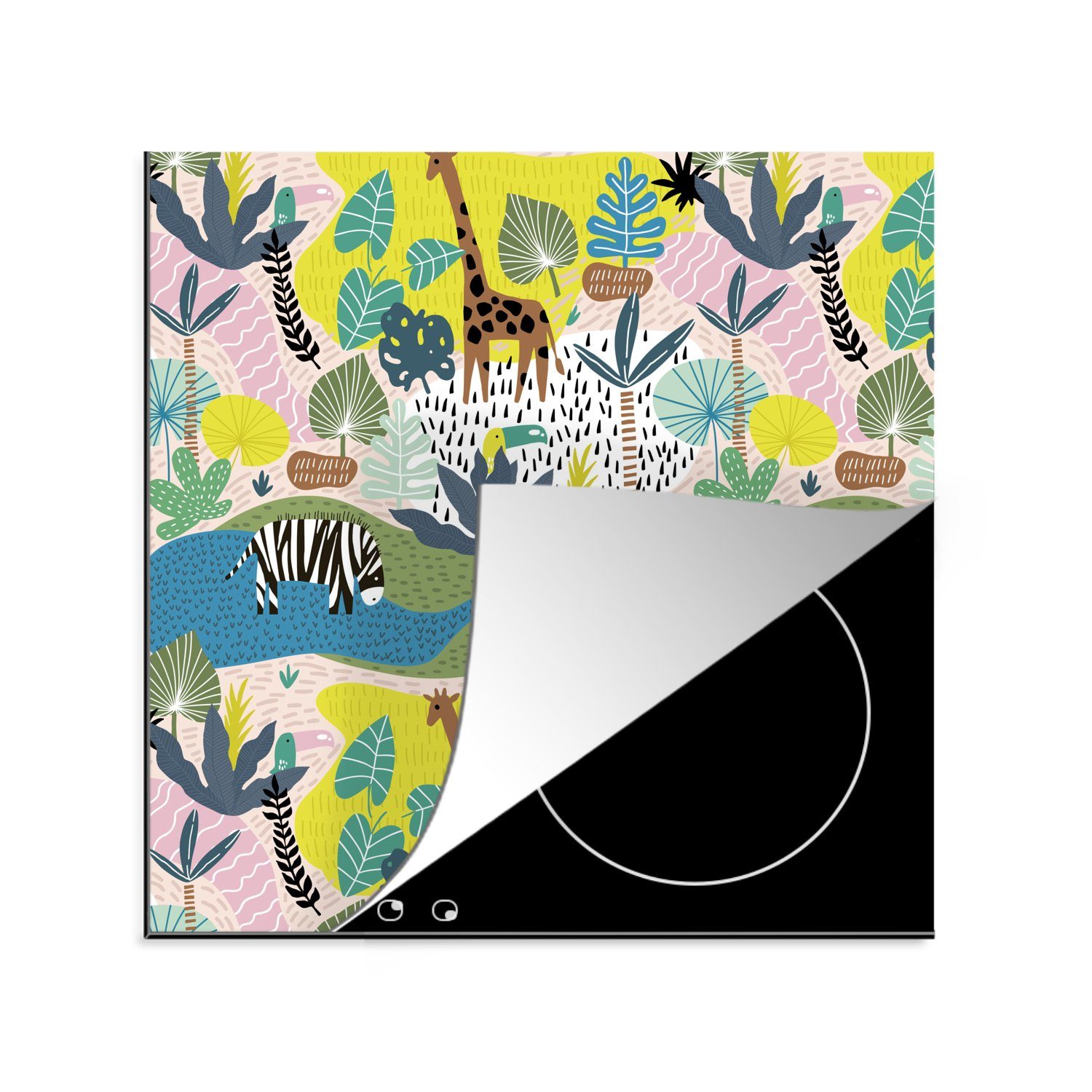 MuchoWow Herdblende-/Abdeckplatte Dschungel - Tiere - Pflanzen - Farben, Vinyl, (1 tlg), 78x78 cm, Ceranfeldabdeckung, Arbeitsplatte für küche