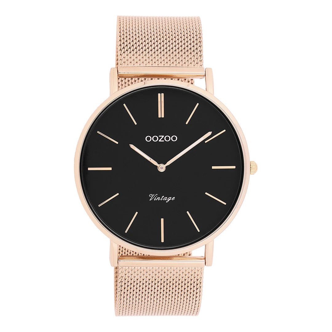 OOZOO Quarzuhr Herrenuhr C9924 – Schwarzes Zifferblatt, Milanaiseband IP Roségold, C9924, 44 mm Gehäuse