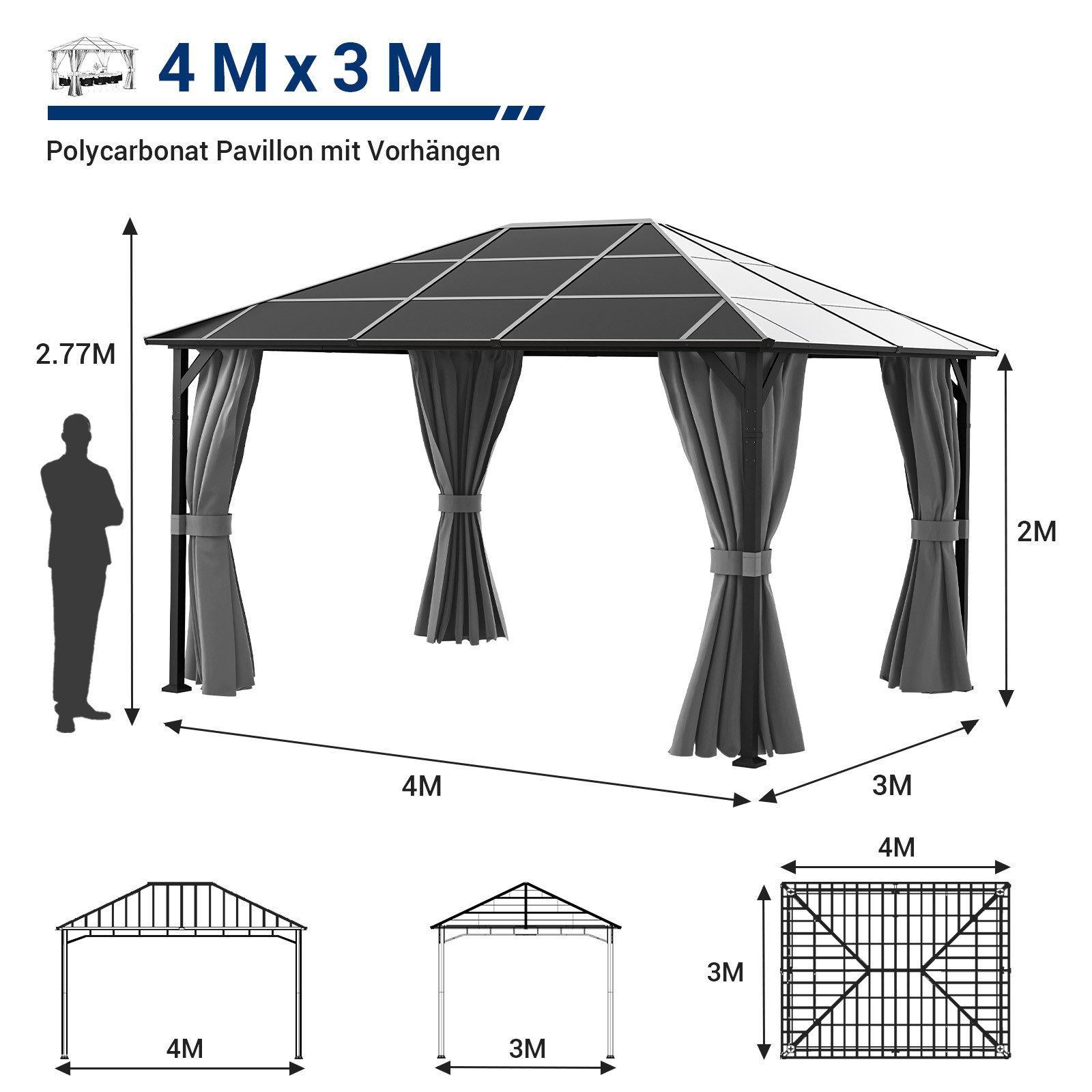 UDPATIO Pavillon Polycarbonat mit Vorhängen wasserdicht günstig online kaufen