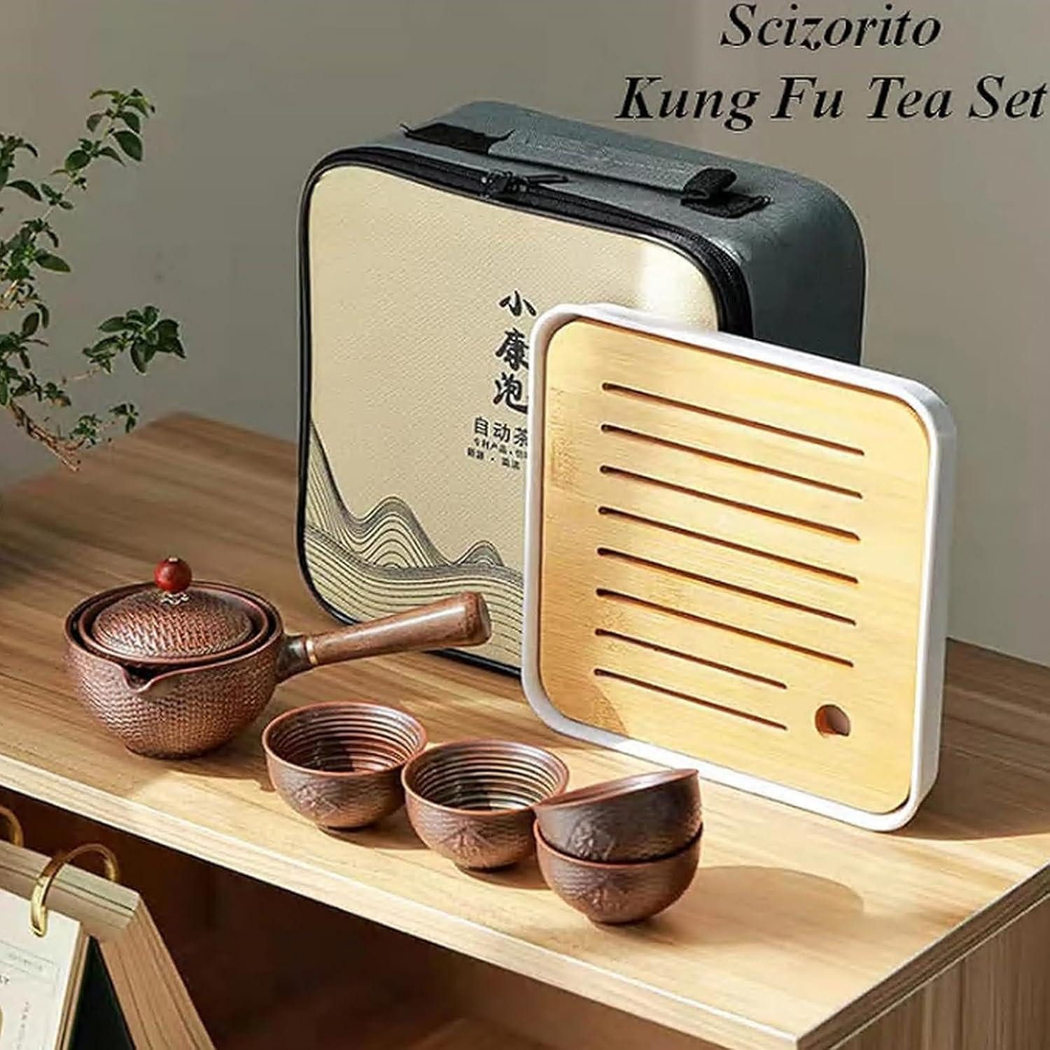 LuxusKollektion Teeservice Tee Set Keramik Kungfu Teekanne 360 4 Teetassen Bambusweben – Bild 3 von 5