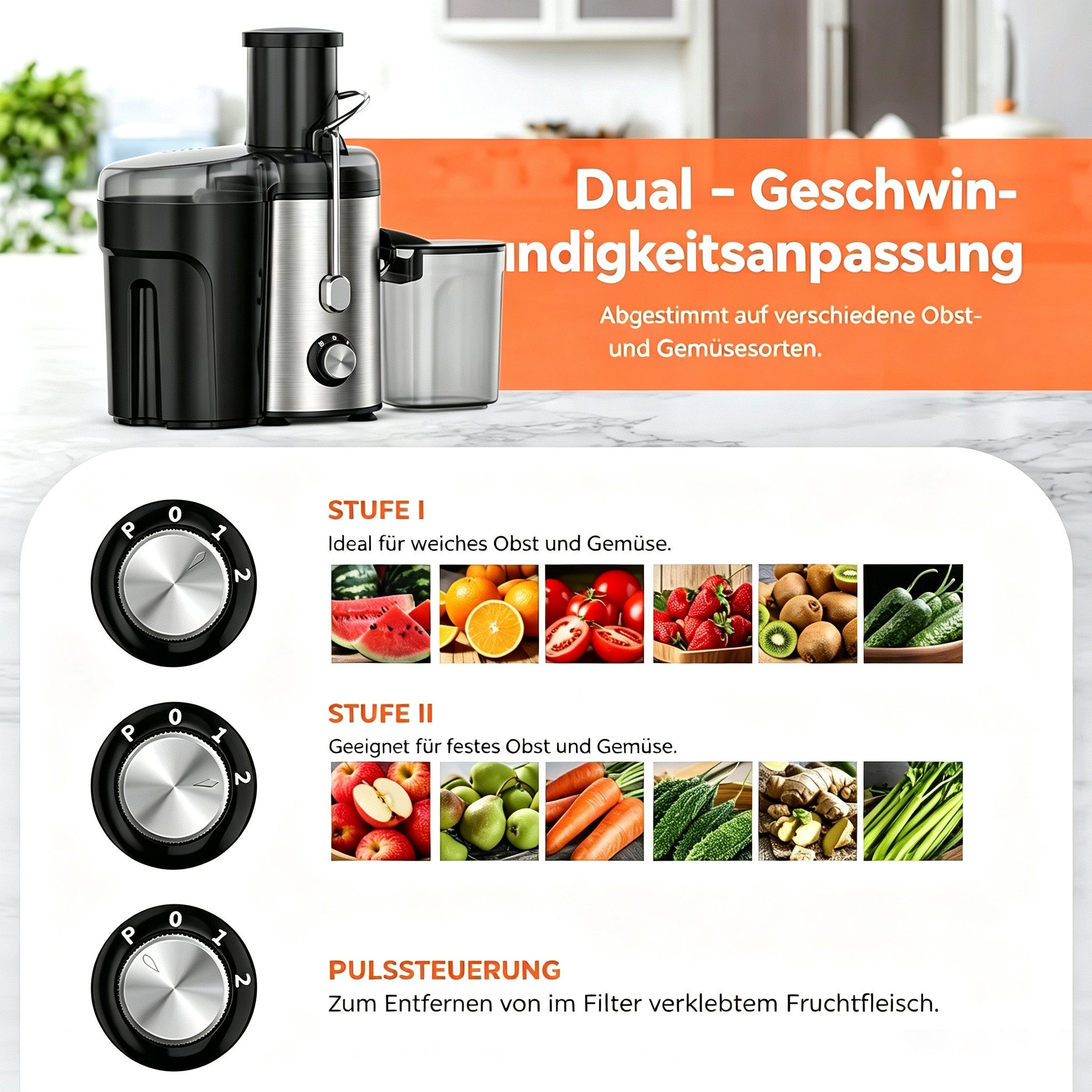 Forrlite Entsafter Entsafter für Obst und Gemüse, Entsafter aus Edelstahl, 600 W, elektrische Saftpresse,75mm Füllöffnung und 3 Geschwindigkeiten – Bild 5 von 5