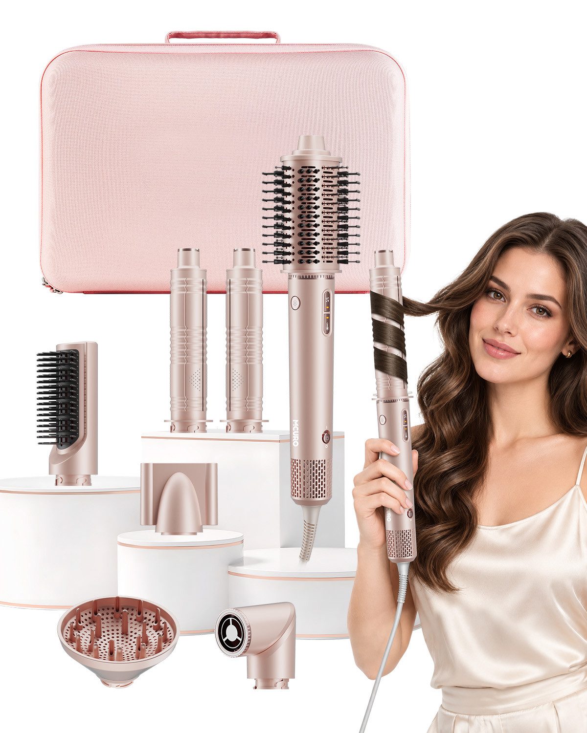 MCURO Multihaarstyler 7-in-1 Haarstyling Set Warmluftbürste 110000 U/min Ionen Haartrockner, 1400W, Lockenstab Auto-Wrap,Glätteisen, Föhn mit Diffusor,mit Reisebox