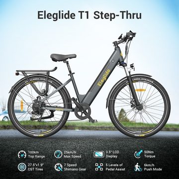 Eleglide E-Bike T1 Step-Thru 36V 13AH 250W 25KM/H 27.5" CST-Reifen, 7 Gang Shimano, Heckmotor, 468 Wh Nabendynamo, Hydraulische Federung mit Sperre