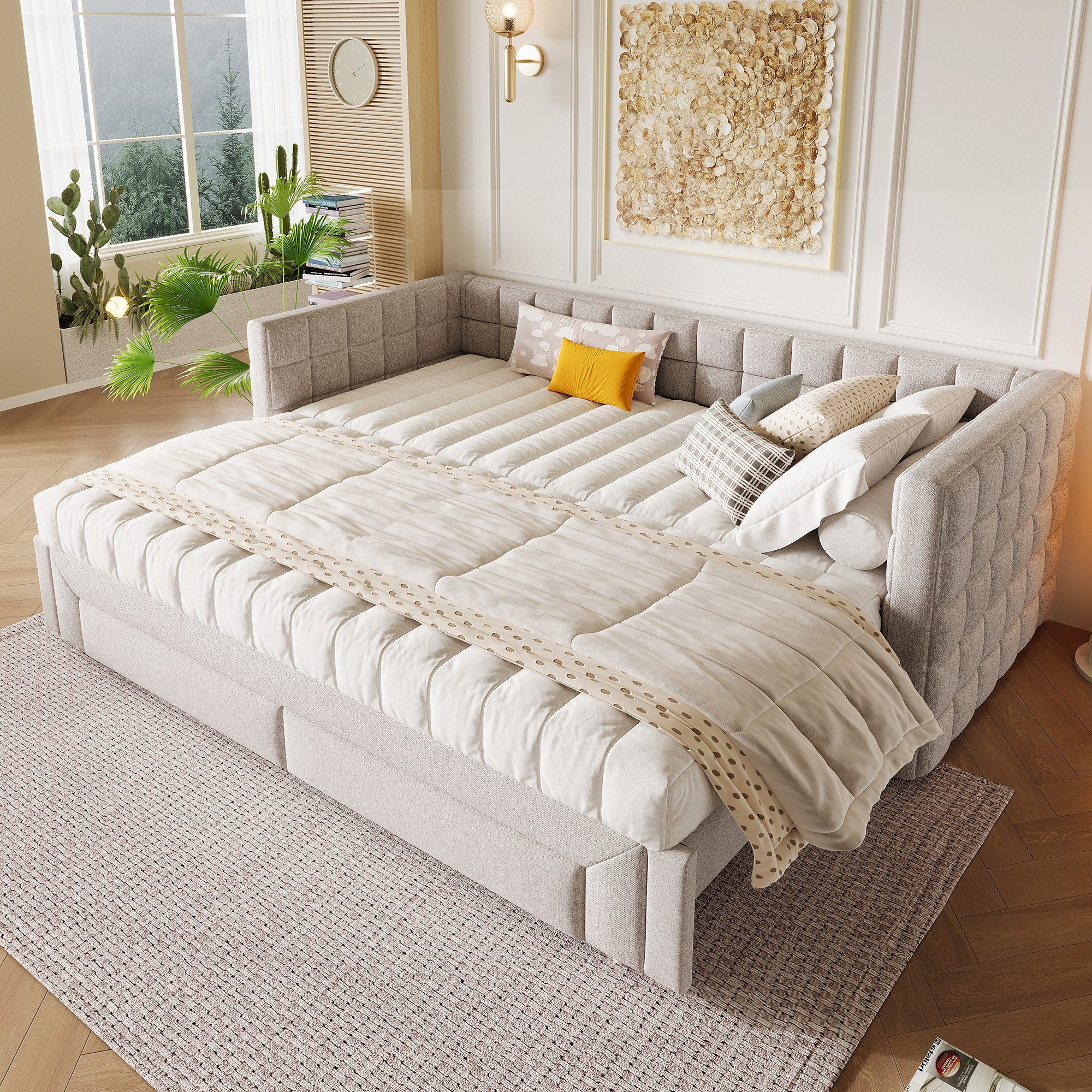 SOFTWEARY Stauraumbett mit Ausziehbett und Schubladen (90x200cm/180x200cm, Liegefläche erweiterbar), Schlafsofa mit Bettfunktion und Lattenrost, Polsterbett
