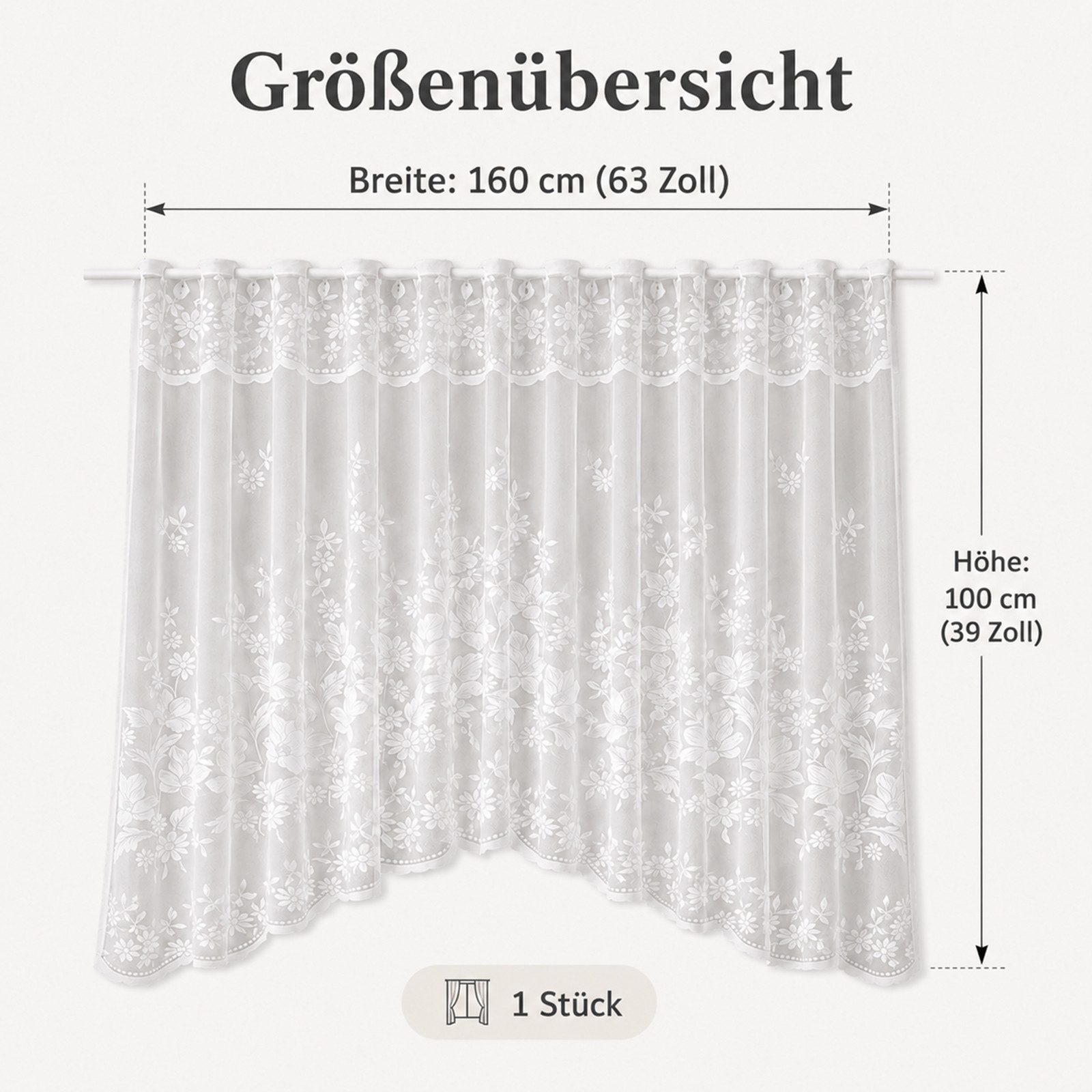 Sunicol Scheibengardine Spitze Halbtransparent Bistrogardine Kurzstores Blume Besticke, 160 x 100 cm Weiß Modern Kurze Vorhänge für Wohnzimmer und Küche