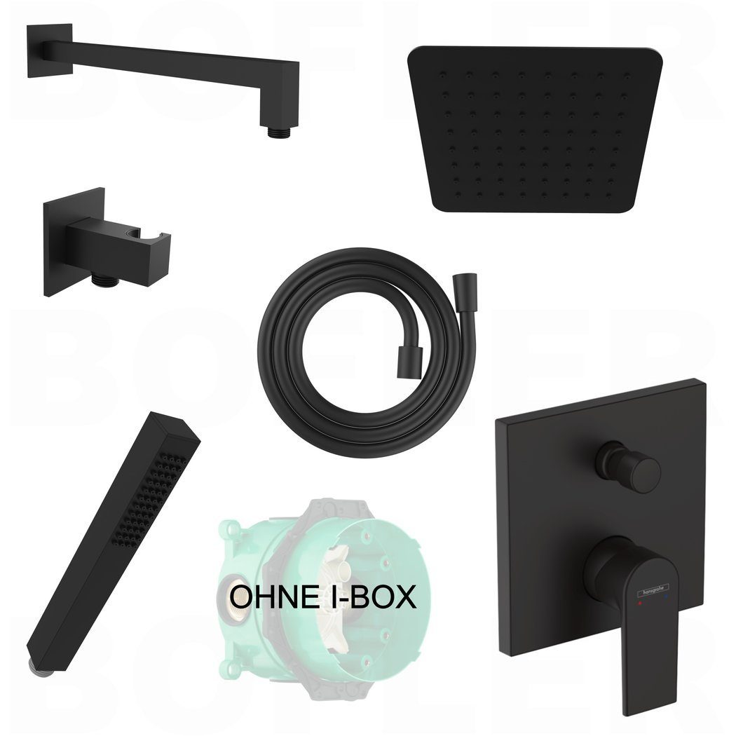 hansgrohe Duscharmatur Vernis Shape (Duschsystem, Inkl. BOFLER Brauseset, 20x20cm Regendusche, Wandarm, OHNE IBOX) Schwarz Matt