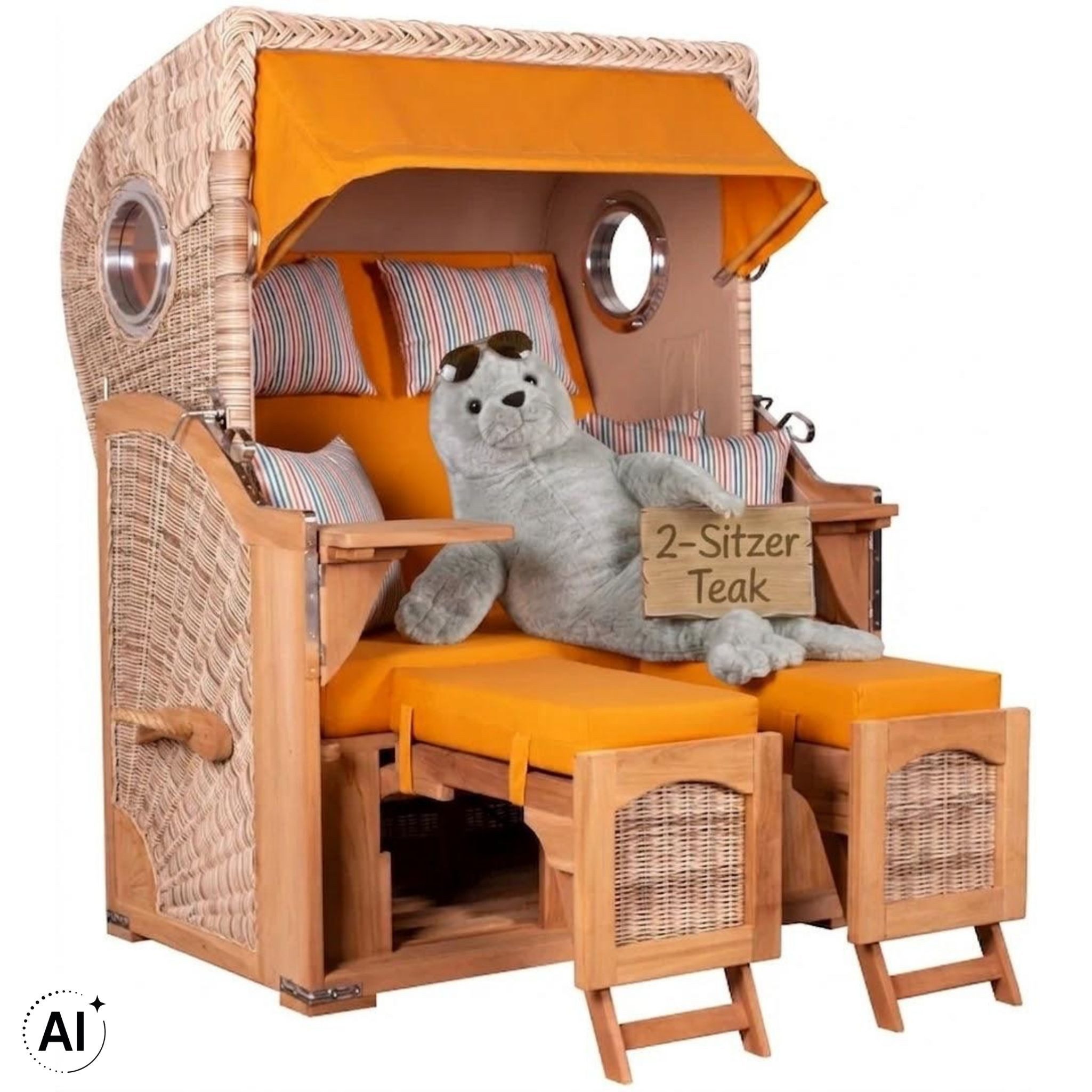 MR.DEKO Strandkorb 2-Sitzer Düne Teak PE Shell Bullauge 125x80x170cm, BxTxH: 125x80x170 cm, Volllieger, Düne, (Fertig montierter Strandkorb für Garten, Terrasse & Balkon), Wetterfester Volllieger mit Edelstahlbeschlägen & waschbaren Polstern