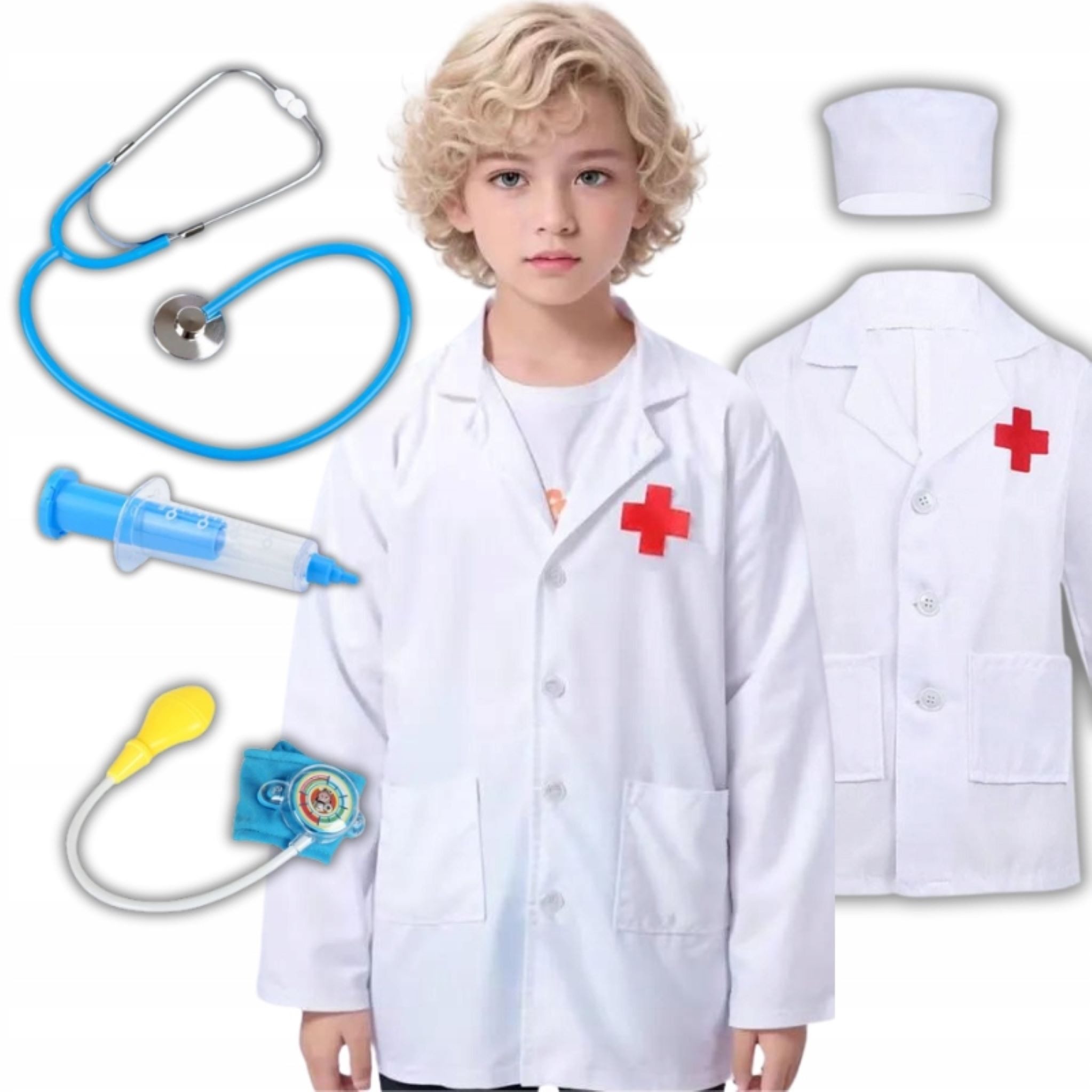 Kostüm Kinderarzt Kostüm Set mit Stethoskop, Spritze & Blutdruckmessgerät