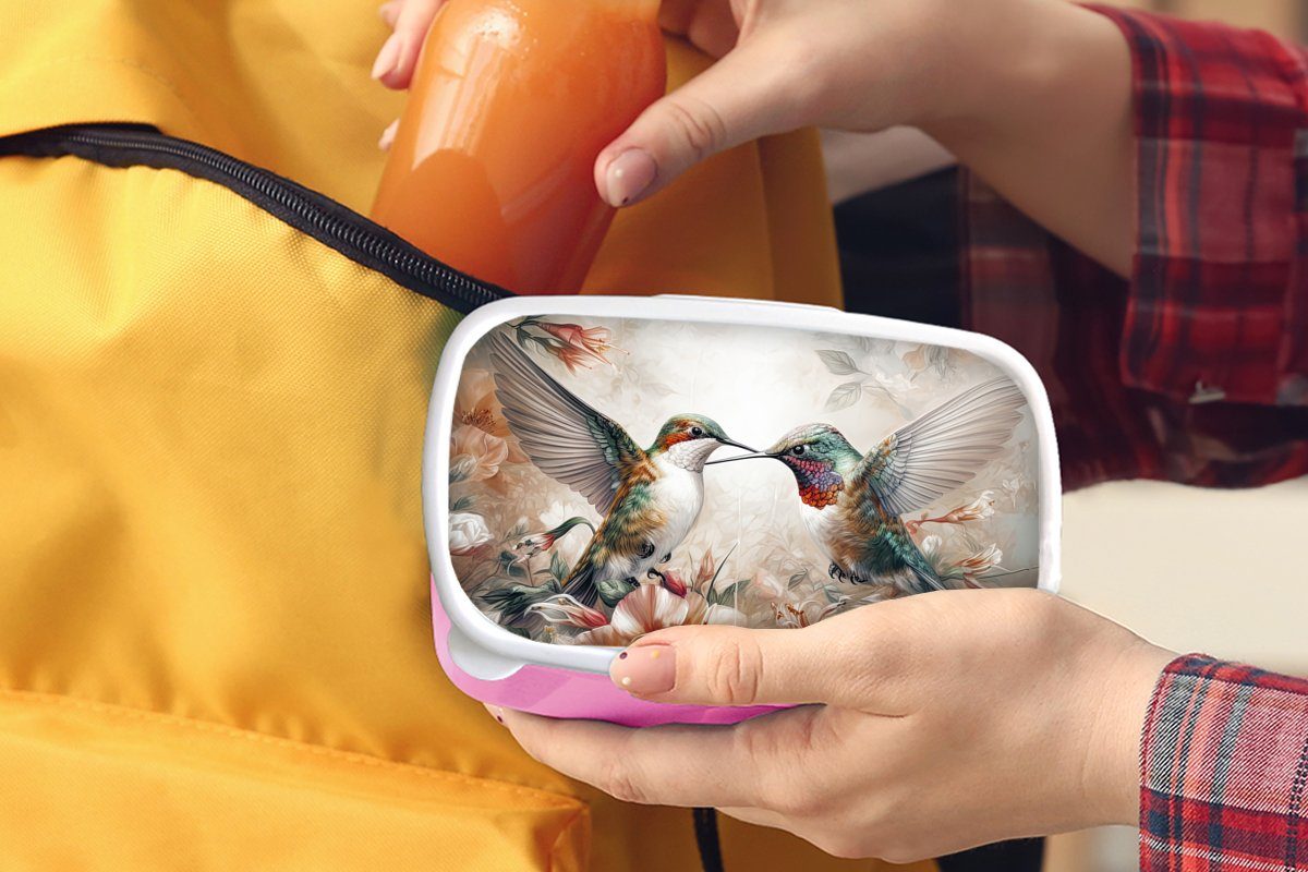 MuchoWow Lunchbox Kolibri - Vögel Snackbox, - Kunststoff, Kunststoff Erwachsene, Brotbox rosa Brotdose Natur, (2-tlg), - Kinder, für Mädchen, Blumen