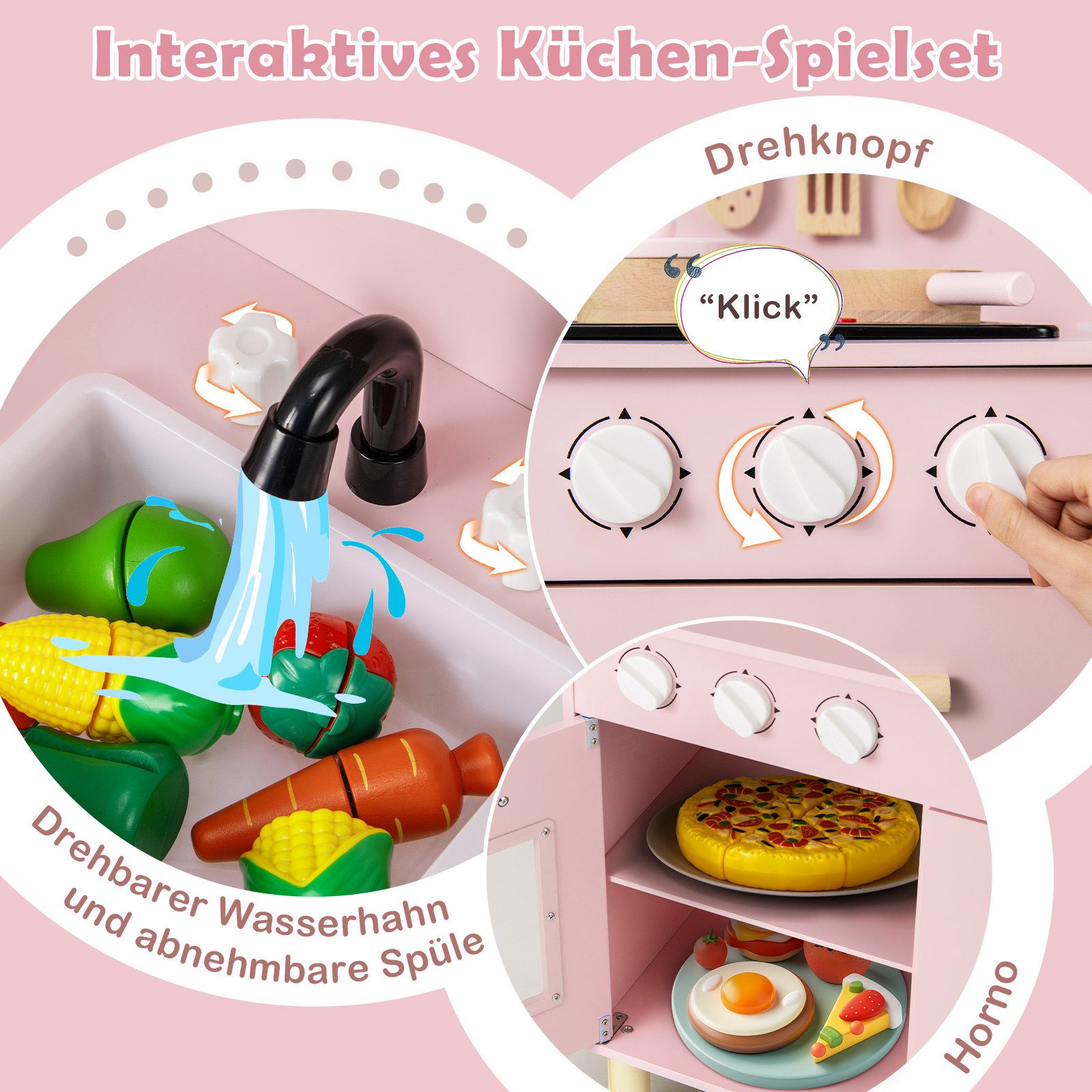 COSTWAY Spielküche, Kinderküche Holz mit Herd, Ofen & Zubehör