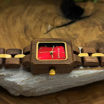 Holzwerk Quarzuhr MAINZ kleine Damen Holz Uhr in Walnuss braun, gold & rot