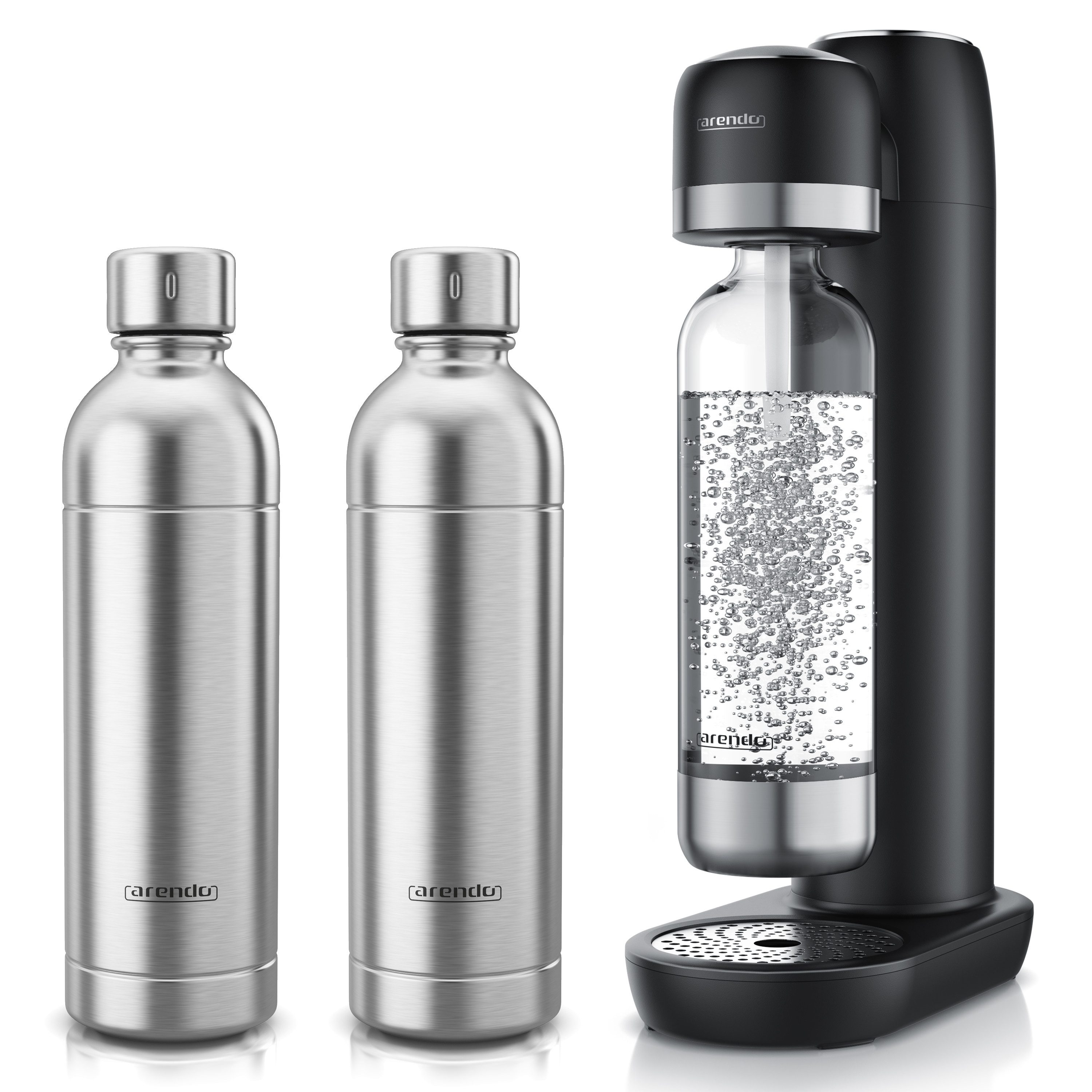 Arendo Wassersprudler Wassersprudler Set + 2 Edelstahlflasche 1L schwarz, (Set, 2-tlg., Soda Maker, PET-Flasche), Soda Streamer mit Wasserflasche, BPA-frei, fein dosierbar, Carbonator