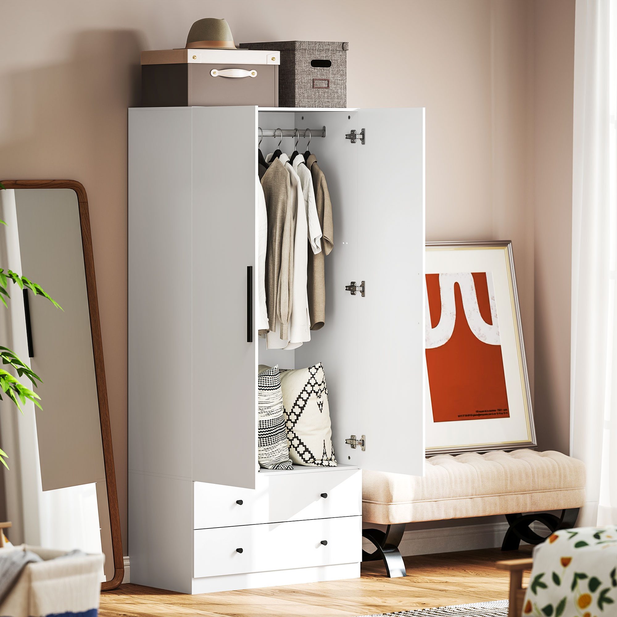 HOMCOM Kleiderschrank 2-türig mit Kleiderstange und 2 Schubladen (Garderobe günstig online kaufen