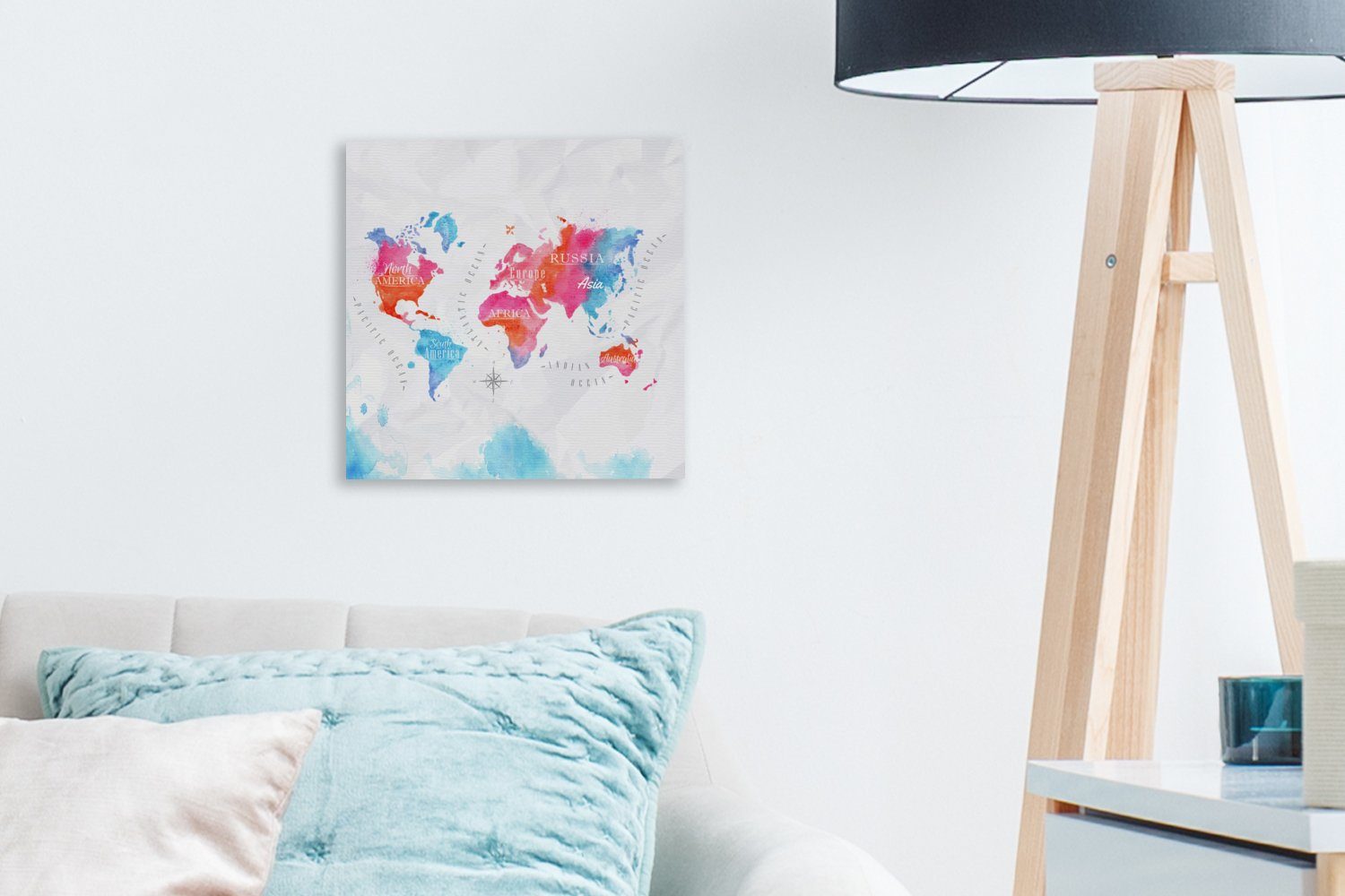 Weltkarte Leinwandbild Leinwand - - Aquarellfarben, für St), Farben Schlafzimmer Wohnzimmer Bilder OneMillionCanvasses® (1