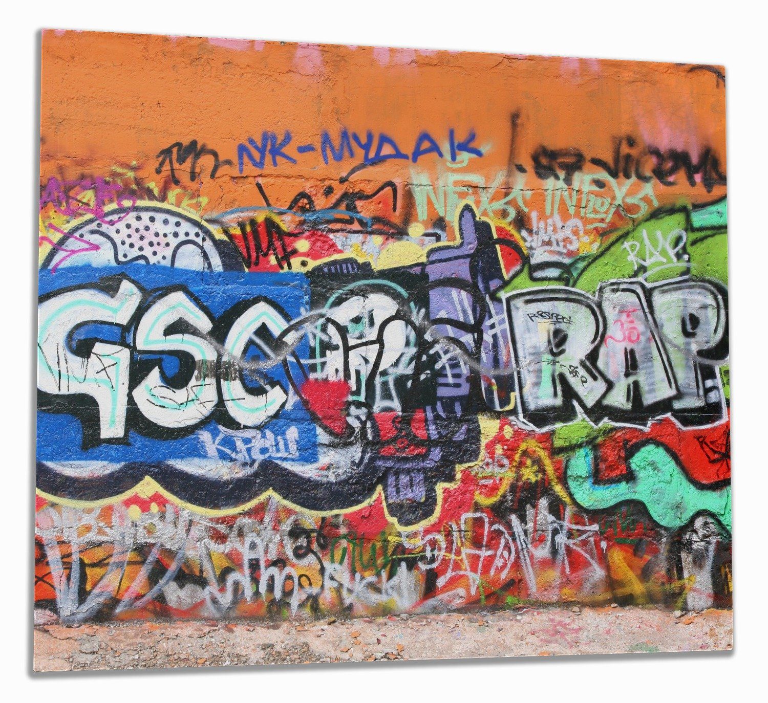 Wallario Herd-Abdeckplatte RAP-Graffiti- Wand mit verschiedenen Tags, ESG-Sicherheitsglas, (Glasplatte, 1 tlg., inkl. 5mm Noppen), verschiedene Größen