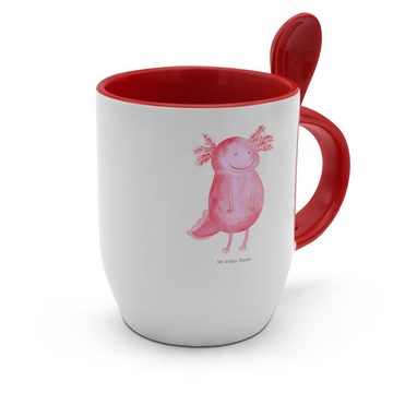 Mr. & Mrs. Panda Tasse Axolotl Glücklich, Kaffeebecher, Tasse mit Spruch, Tassen, Keramik, Farbiger Löffel