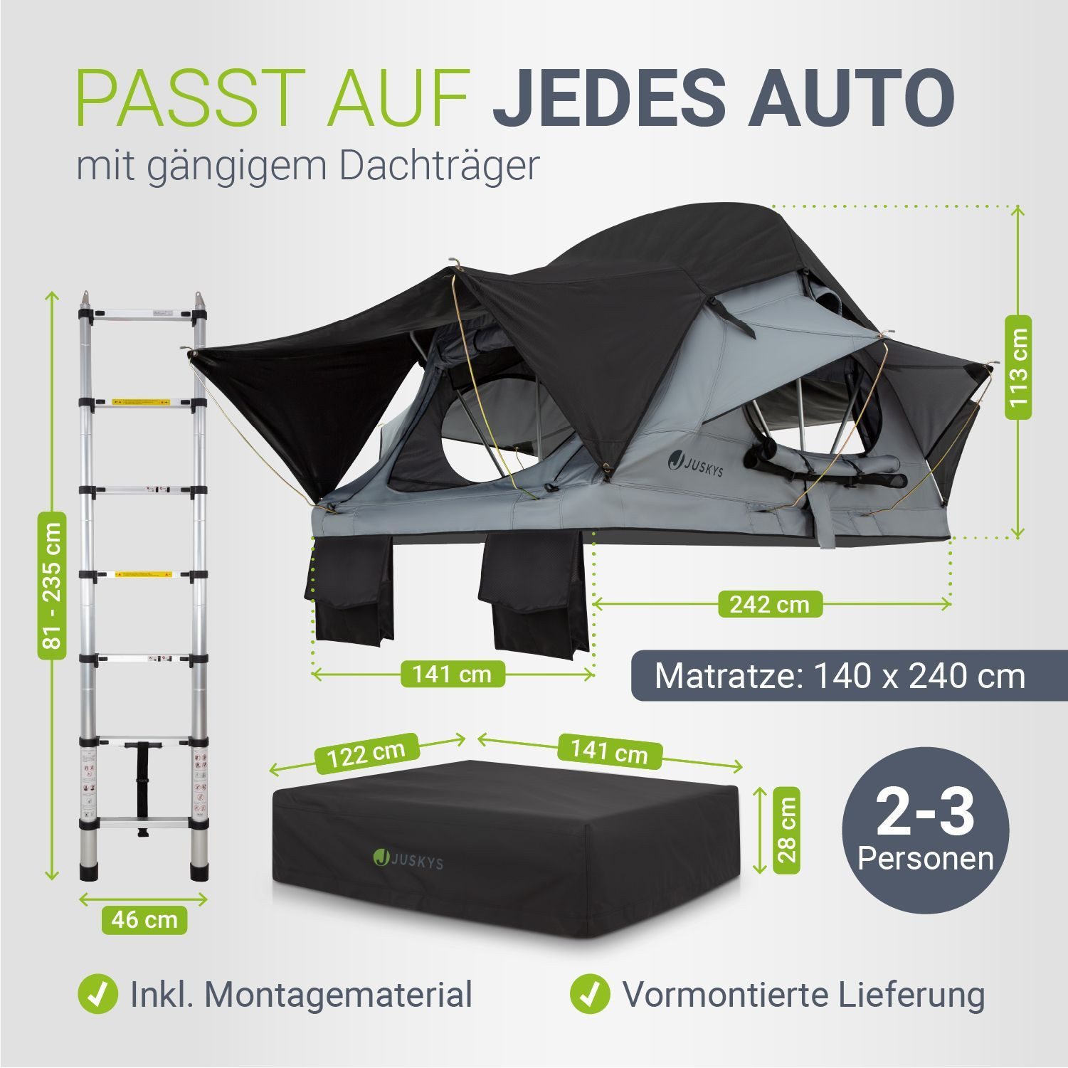 Juskys Dachzelt Lago, Wasserdicht, Teleskopleiter, 2 Personen Zelt, LED Beleuchtung