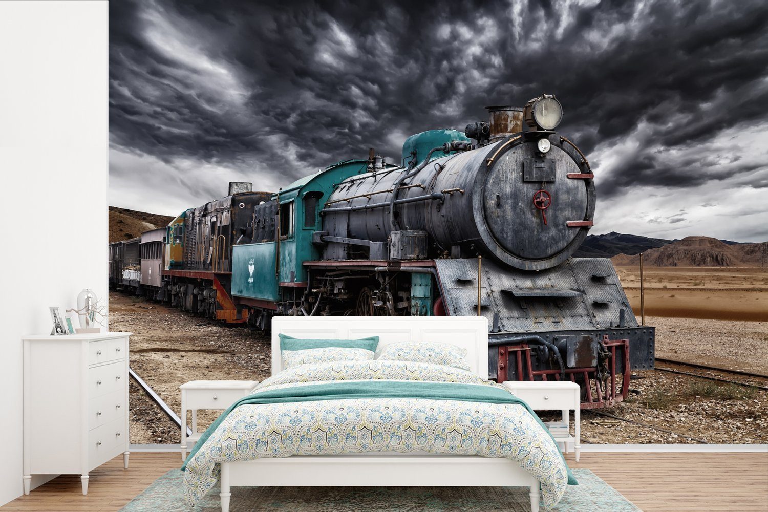 MuchoWow Fototapete Dunkle Wolken über der Dampflokomotive, Matt, bedruckt, (6 St), Wallpaper für Wohnzimmer, Schlafzimmer, Kinderzimmer, Vinyl Tapete