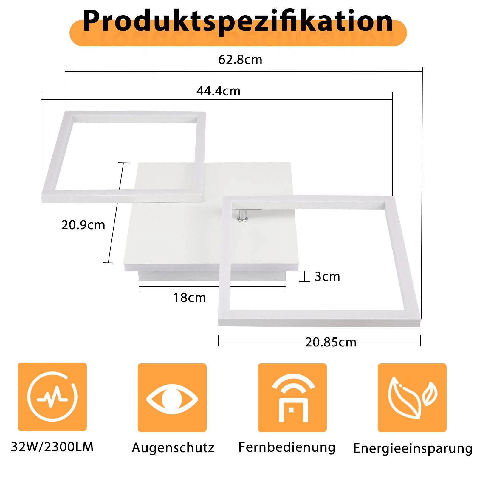 ZMH LED Deckenleuchte Wohnzimmer Schwarz/Weiß 3000-6500K Modern Deckenlampe Küche Büro, LED fest integriert, Warmweiß-Kaltweiß, Weiß Quadratisch 32W Küchenlampe – Bild 2 von 5