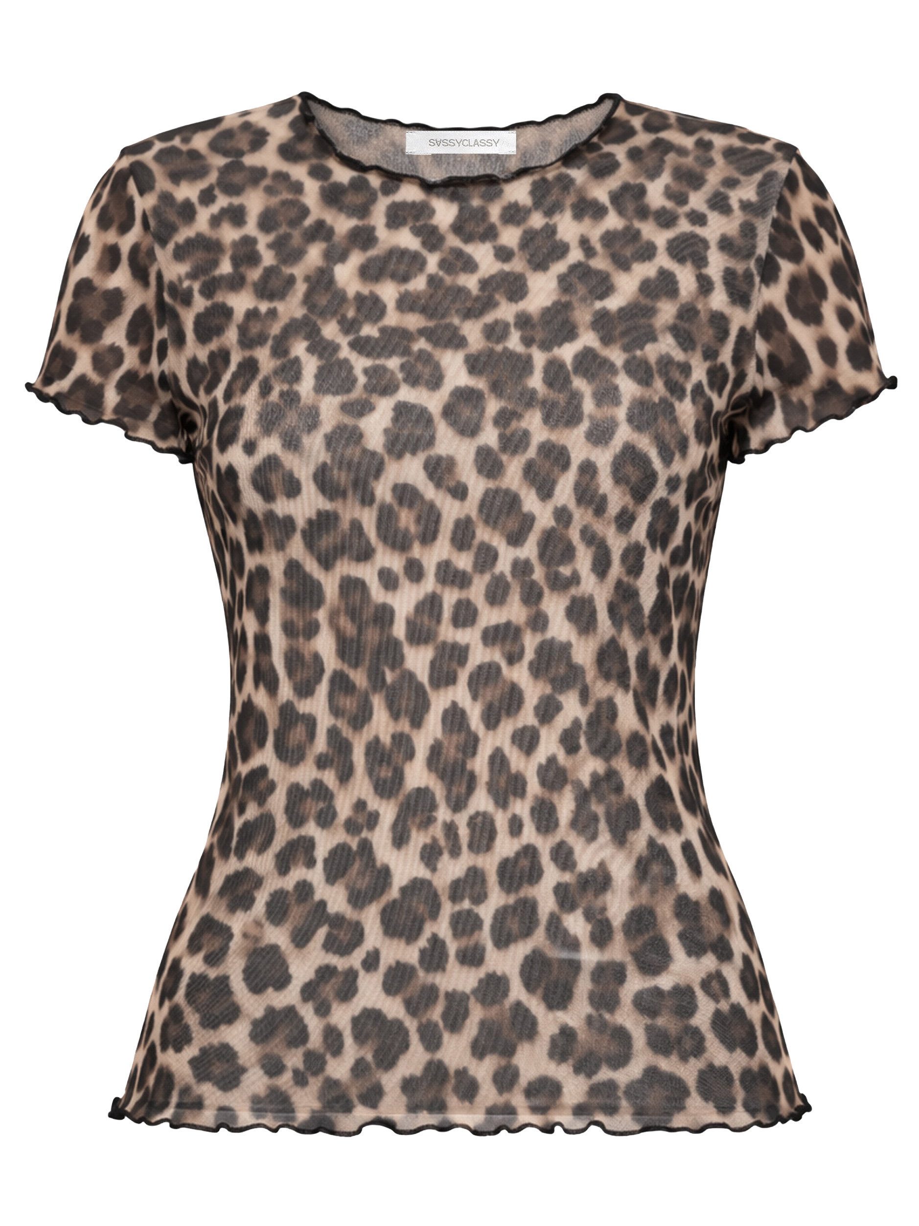 SASSYCLASSY T-Shirt Mesh Shirt mit Leo-Print für Damen Figurbetontes T-Shirt mit gewellten Abschlüssen an Saum und Ärmeln