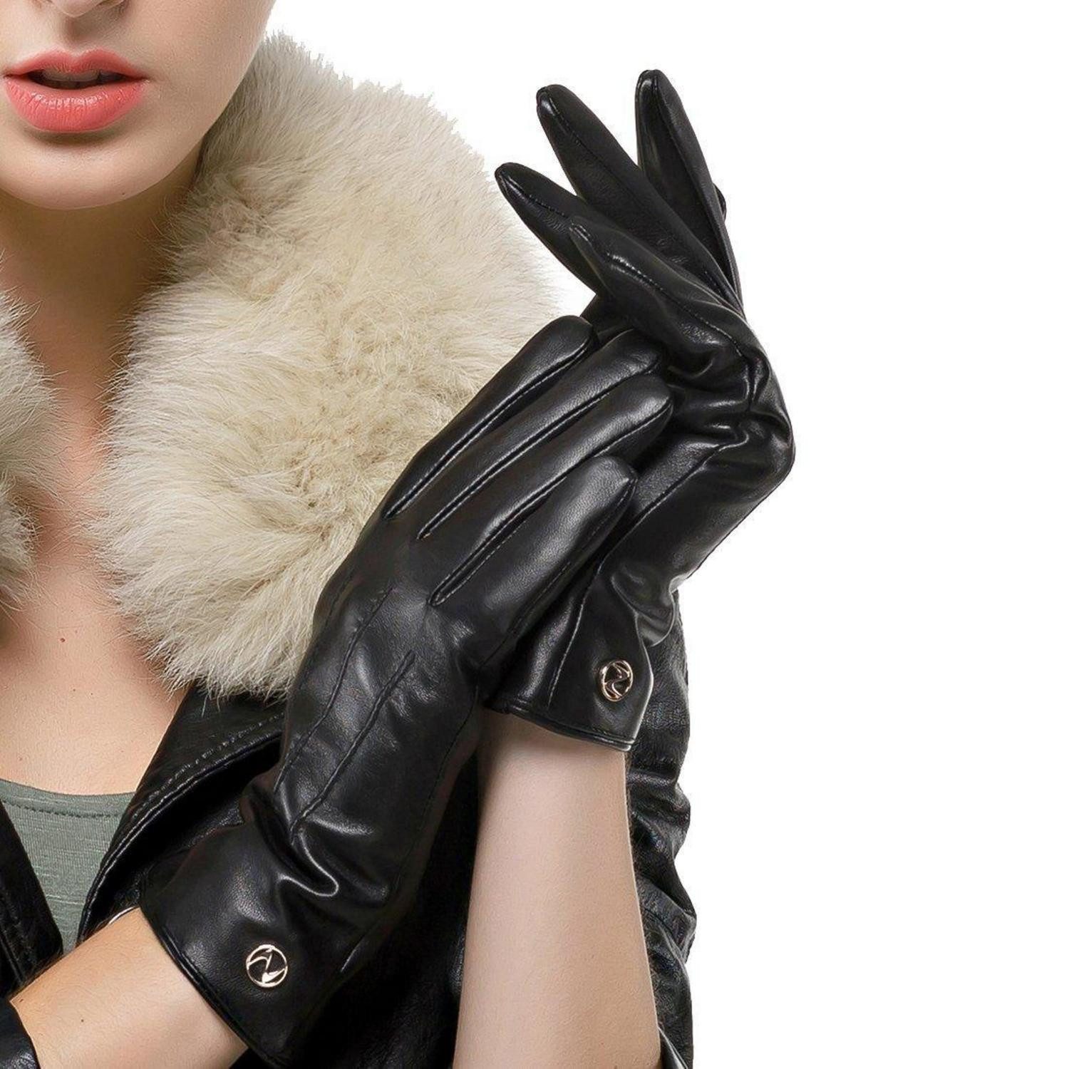 LuxusKollektion Lederhandschuhe Damen Lederhandschuhe Lammfell Kaschmir Schwarz (1-St)